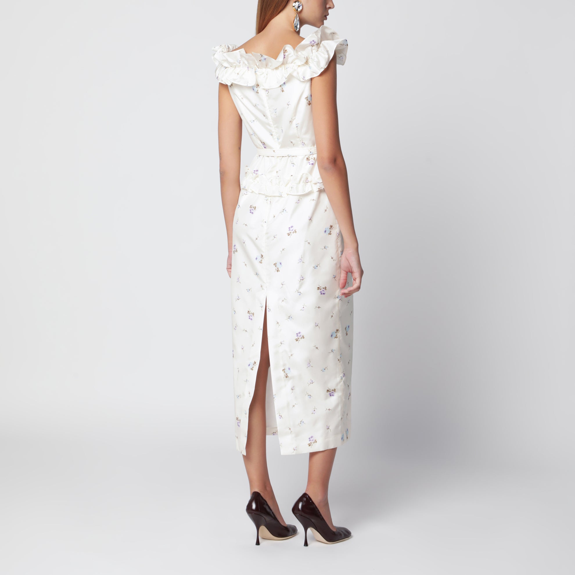 Weißes Midikleid aus Seide mit Blumenmuster