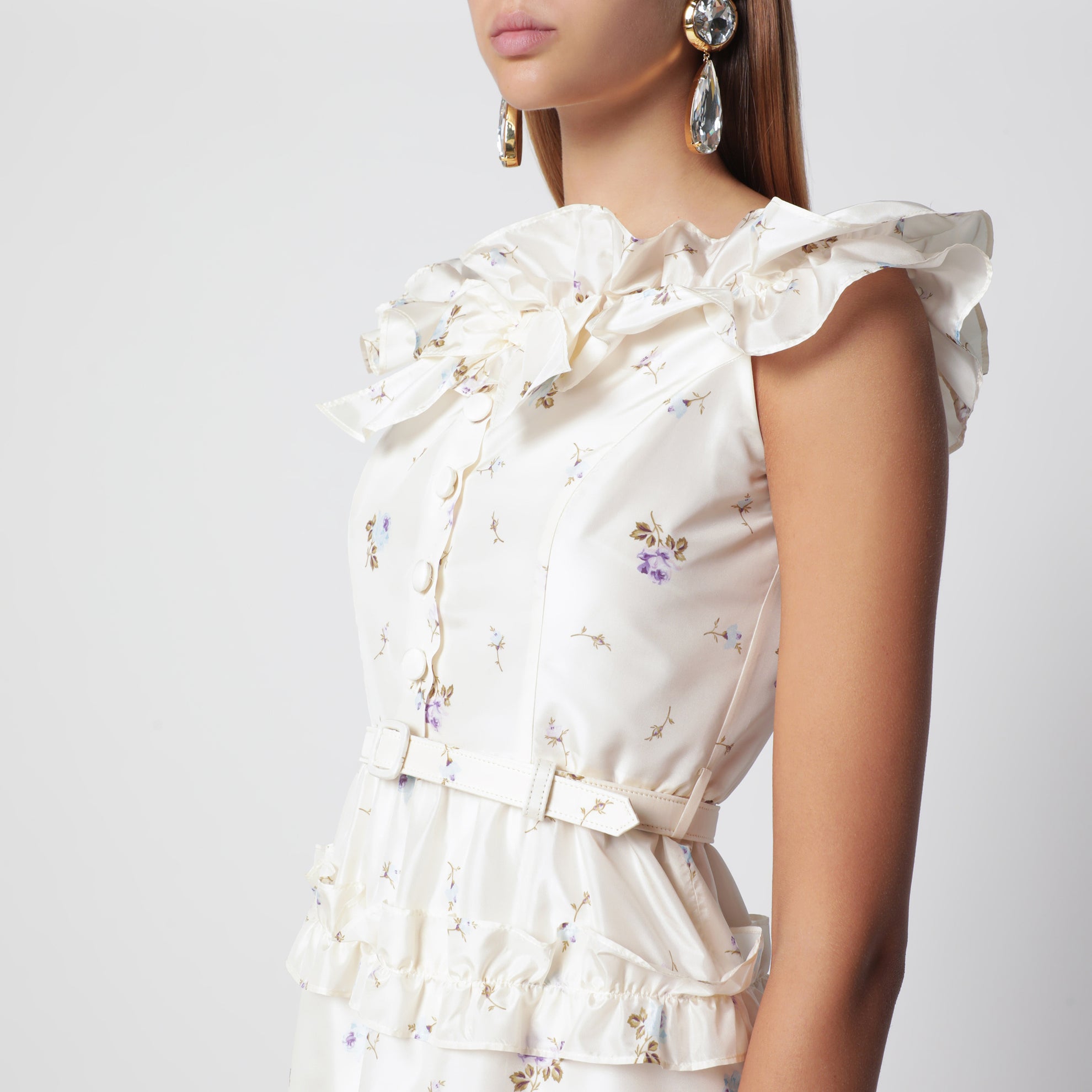 Weißes Midikleid aus Seide mit Blumenmuster