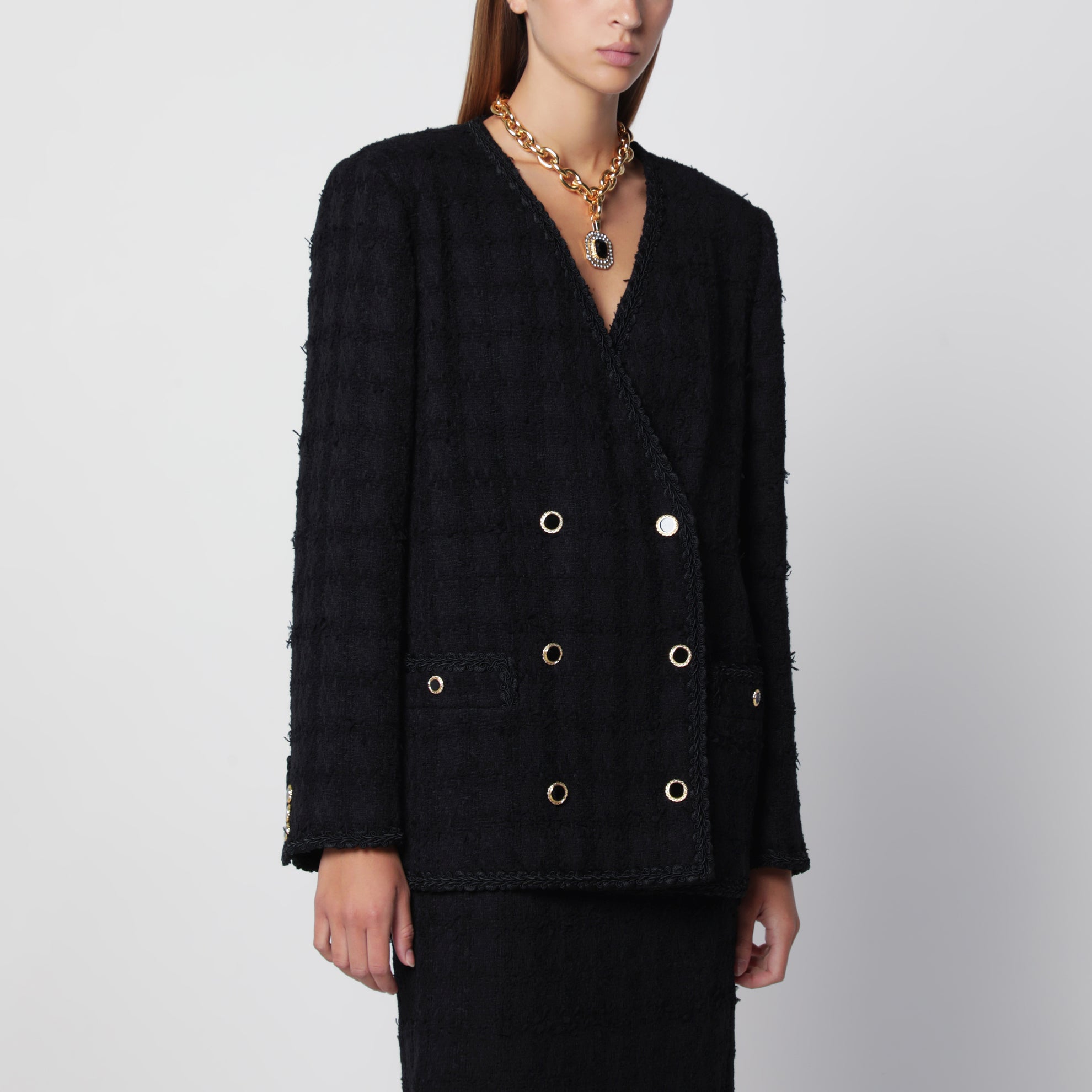 Giacca doppiopetto nera in tweed bouclé