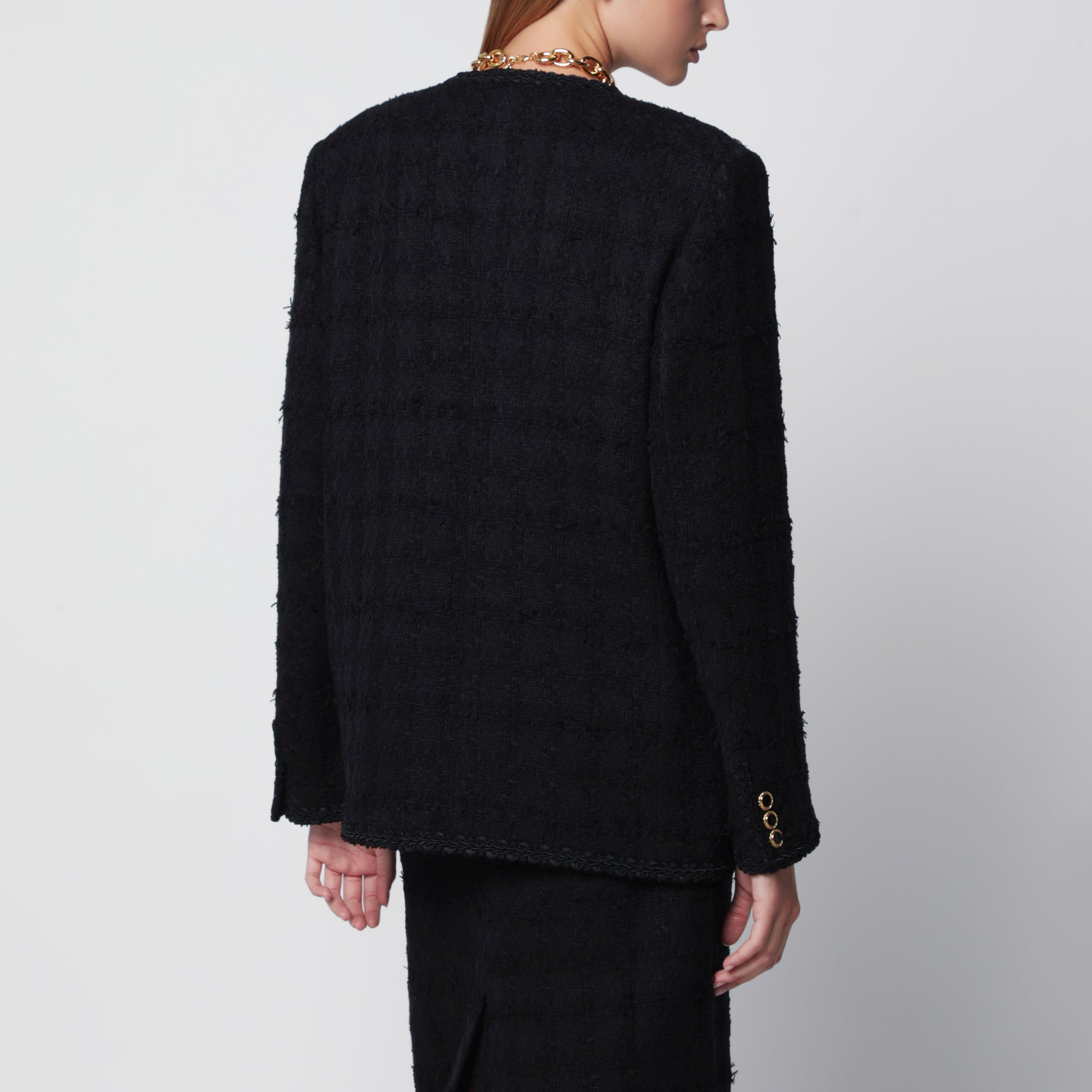 Giacca doppiopetto nera in tweed bouclé