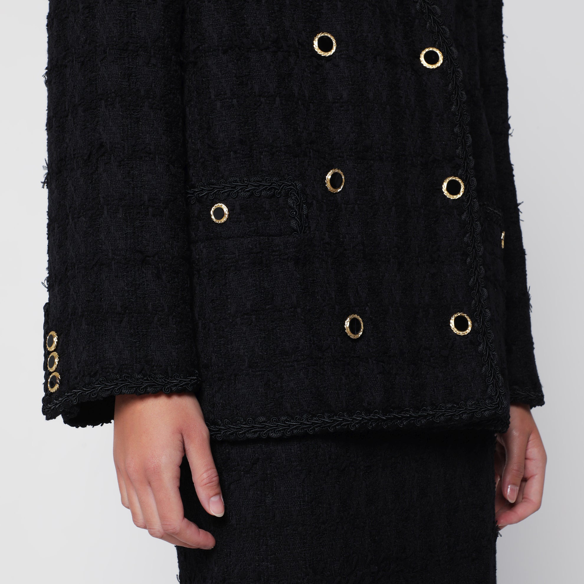 Giacca doppiopetto nera in tweed bouclé