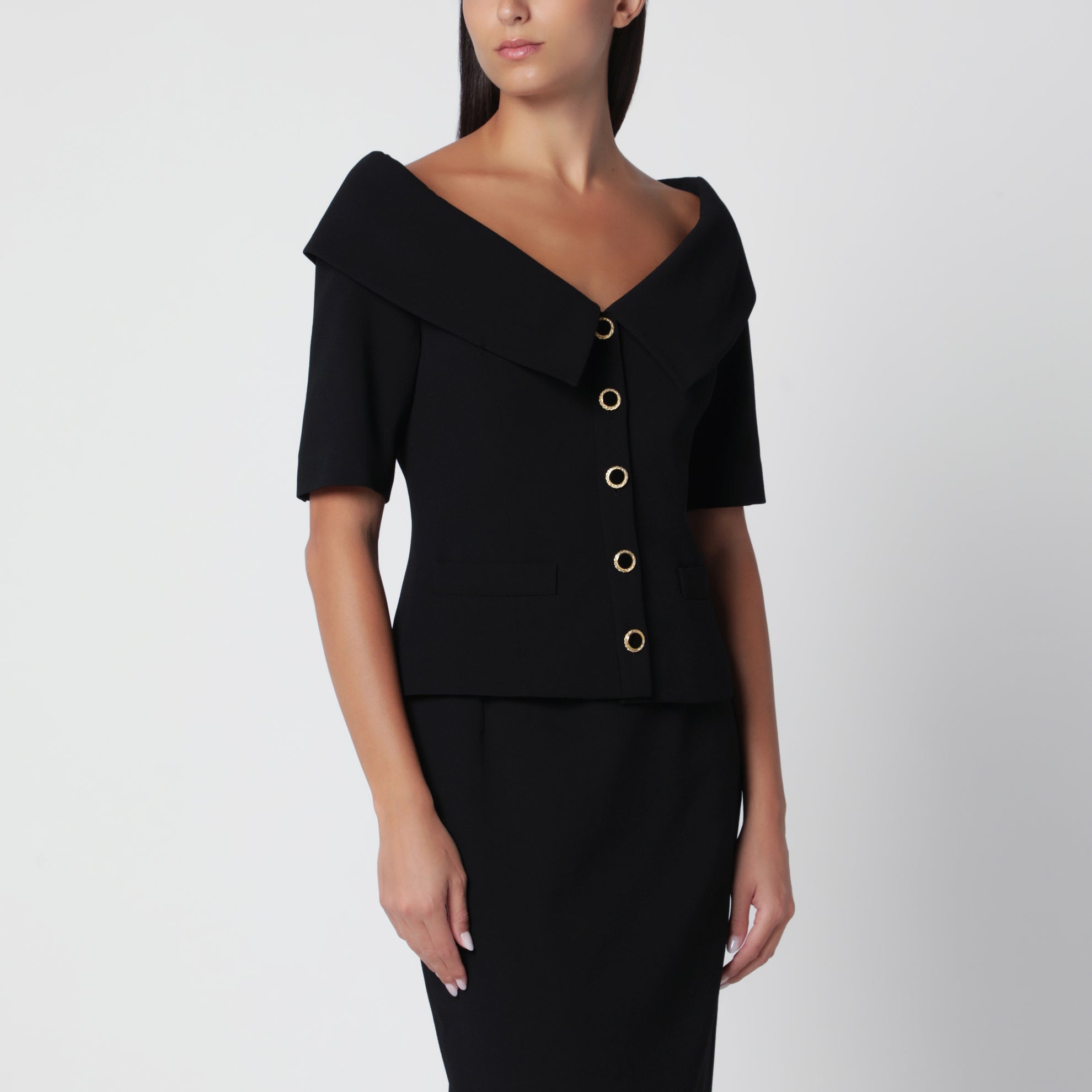 Off-Shoulder Black Wool Crêpe Jacket