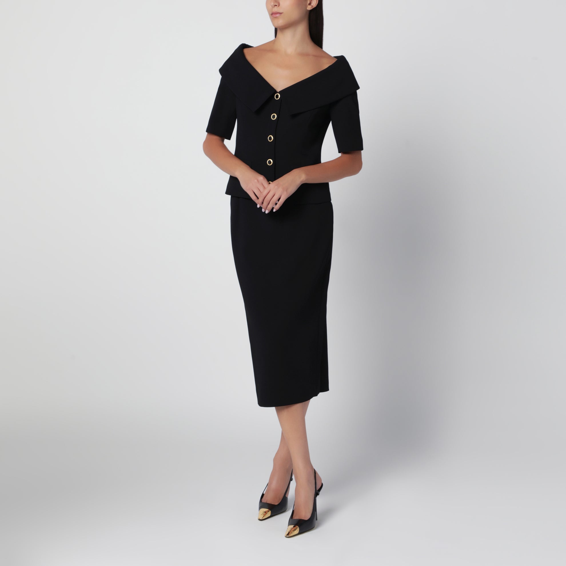 Off-Shoulder Black Wool Crêpe Jacket