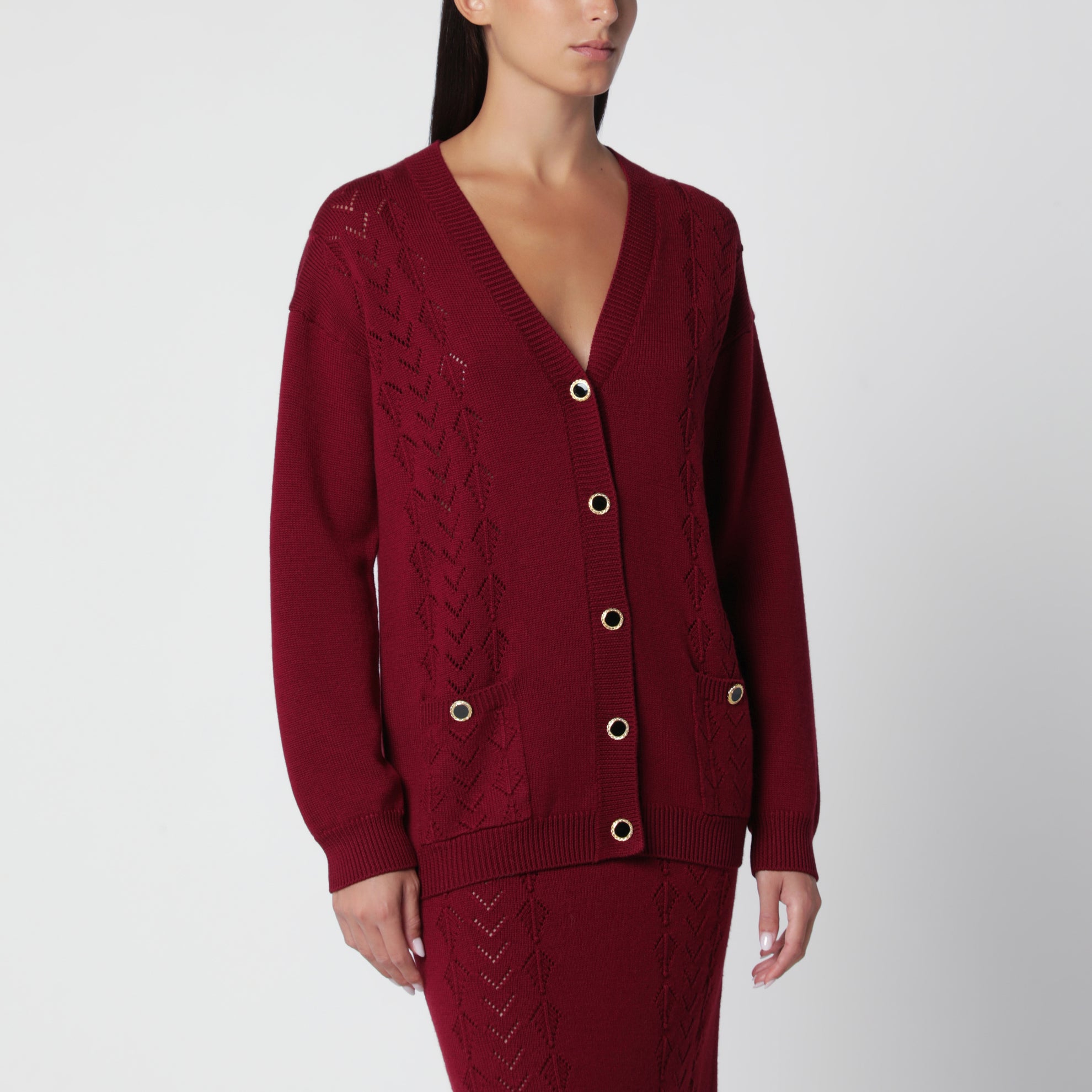 Bordeauxfarbene Strickjacke aus Merinowolle