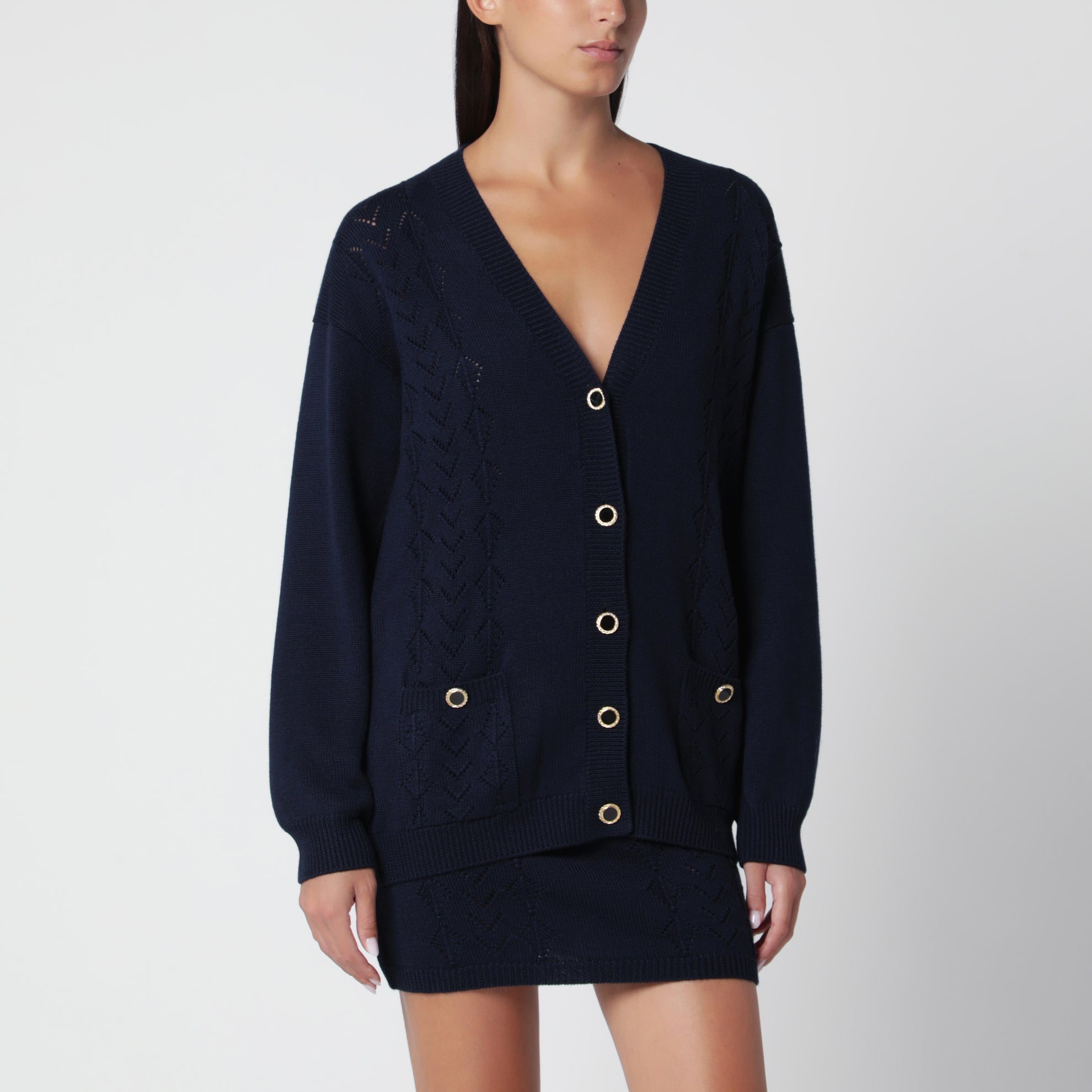 Navy Blue Merino Wool Knit Cardigan