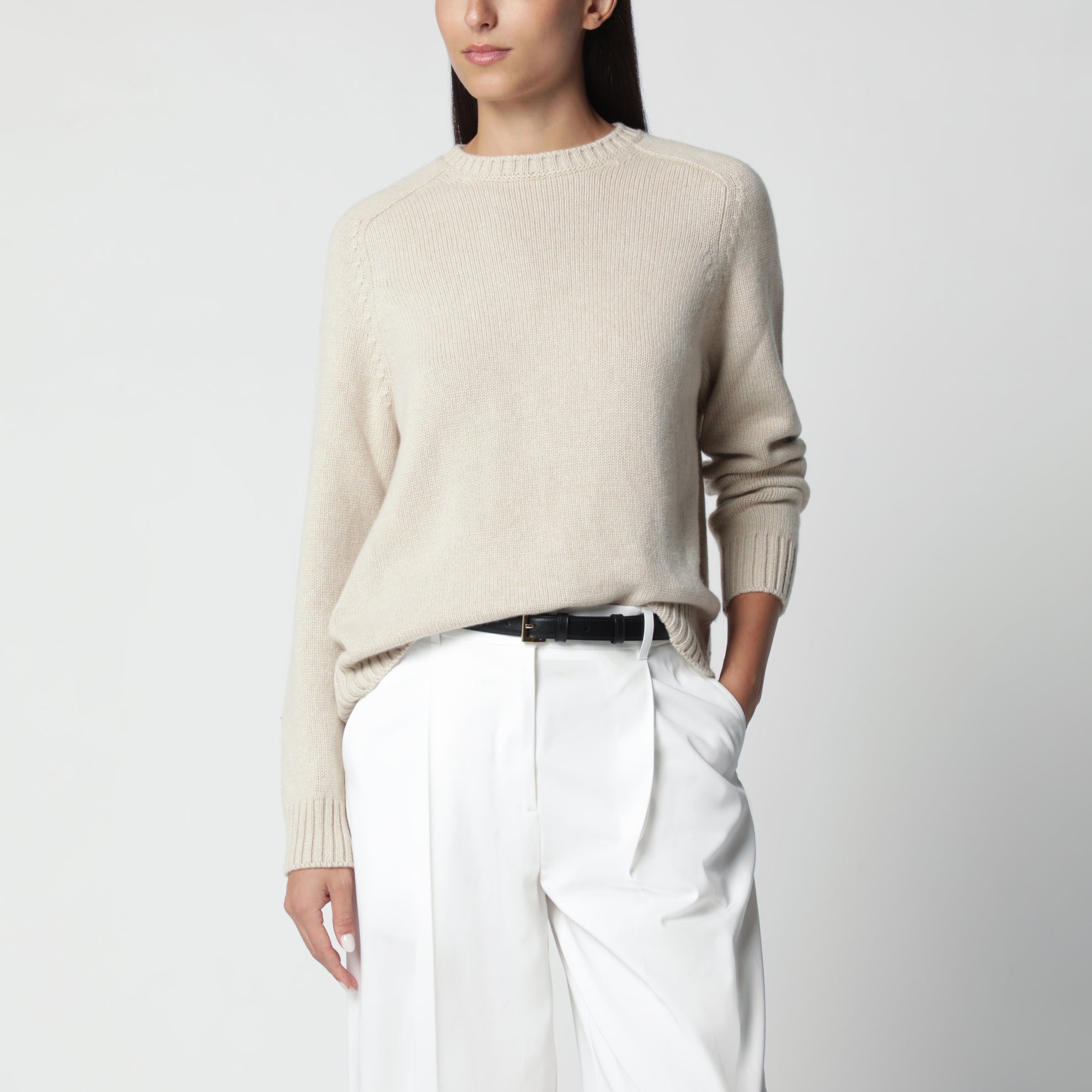 Rundhalspullover in Beige-Melange aus Kaschmir