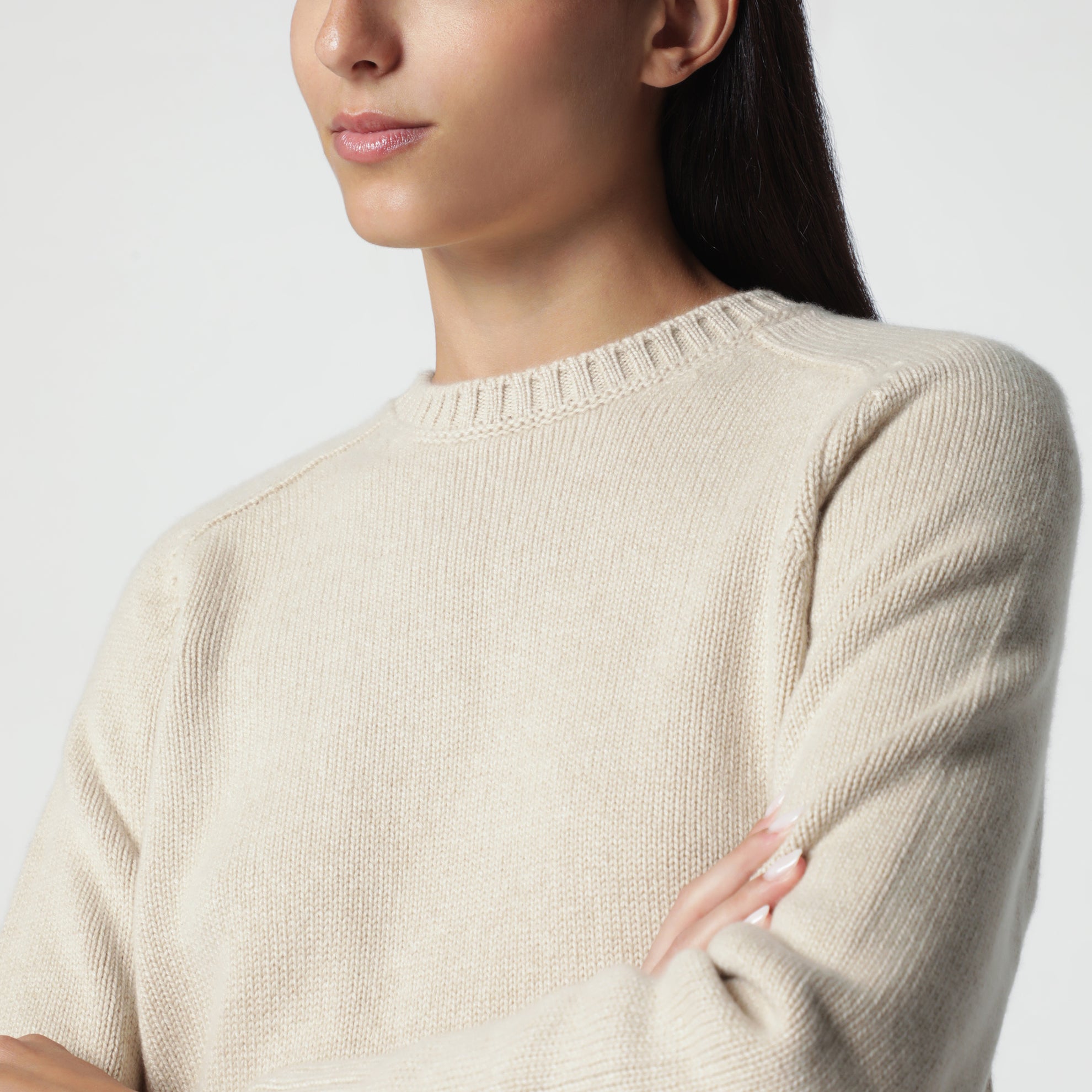 Rundhalspullover in Beige-Melange aus Kaschmir