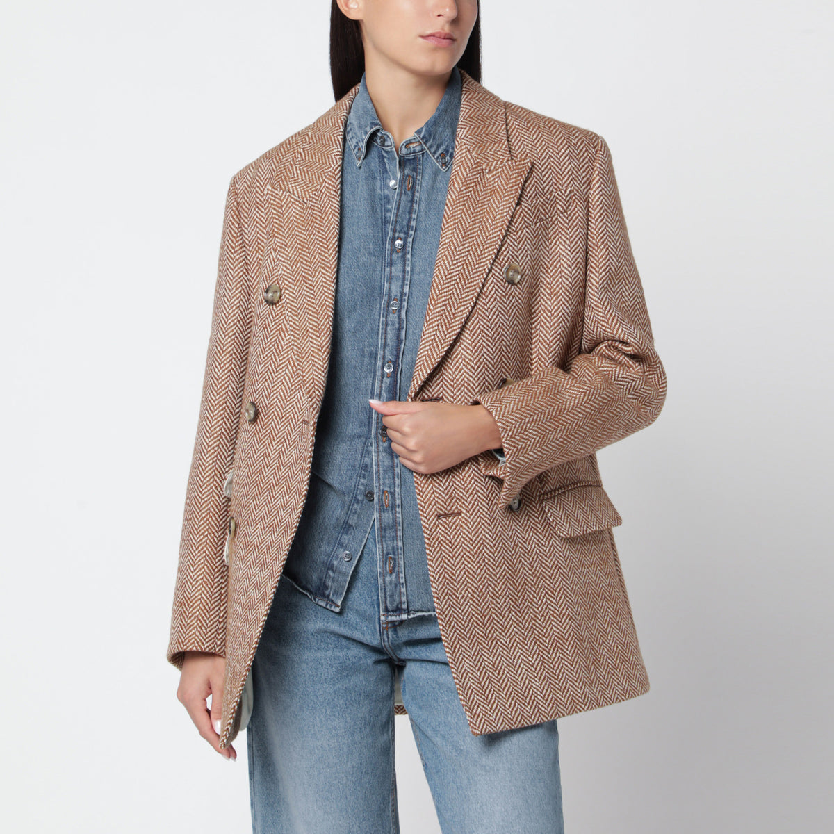 Brown double-breasted blazer in virgin wool