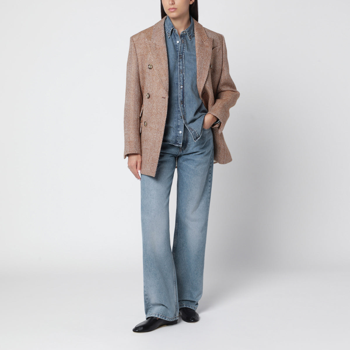 Brown double-breasted blazer in virgin wool
