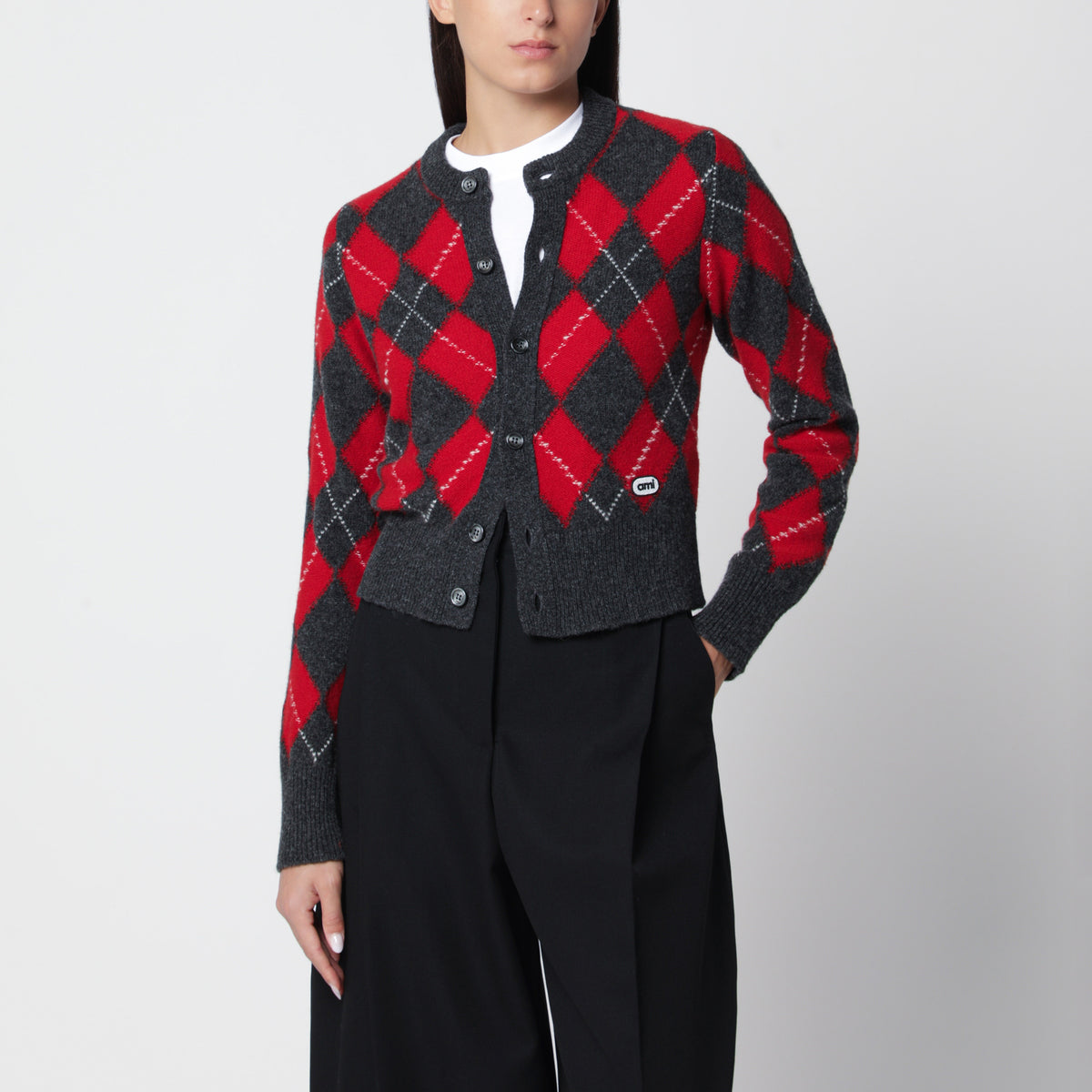 Rot/grauer Cardigan mit Argyle-Muster aus Wolle