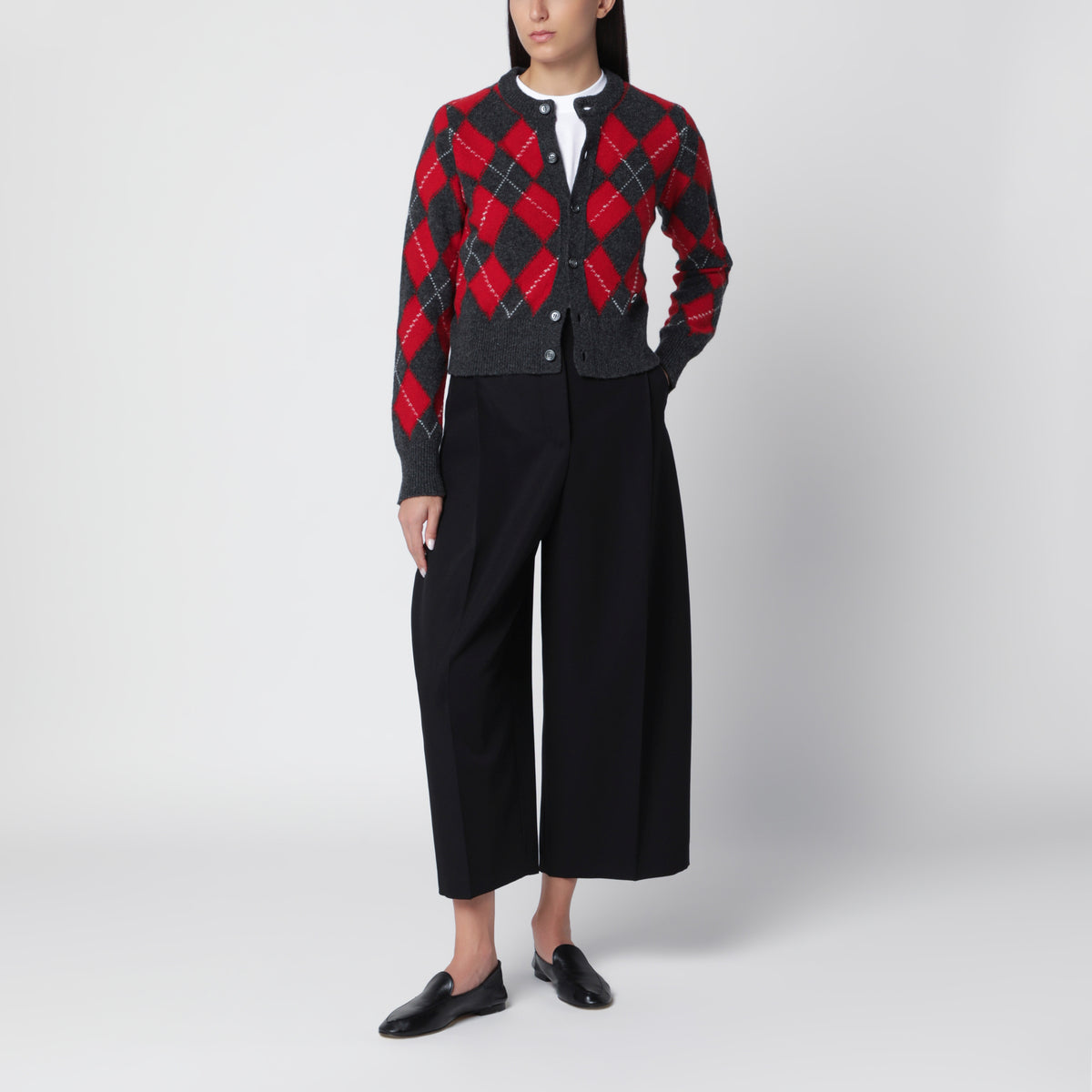 Rot/grauer Cardigan mit Argyle-Muster aus Wolle
