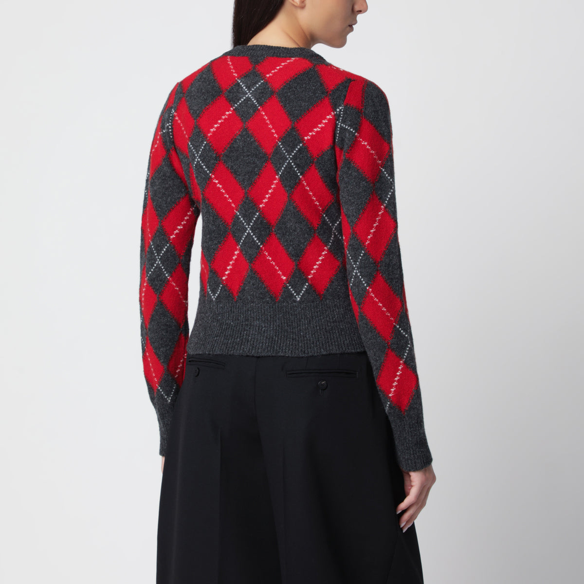 Rot/grauer Cardigan mit Argyle-Muster aus Wolle