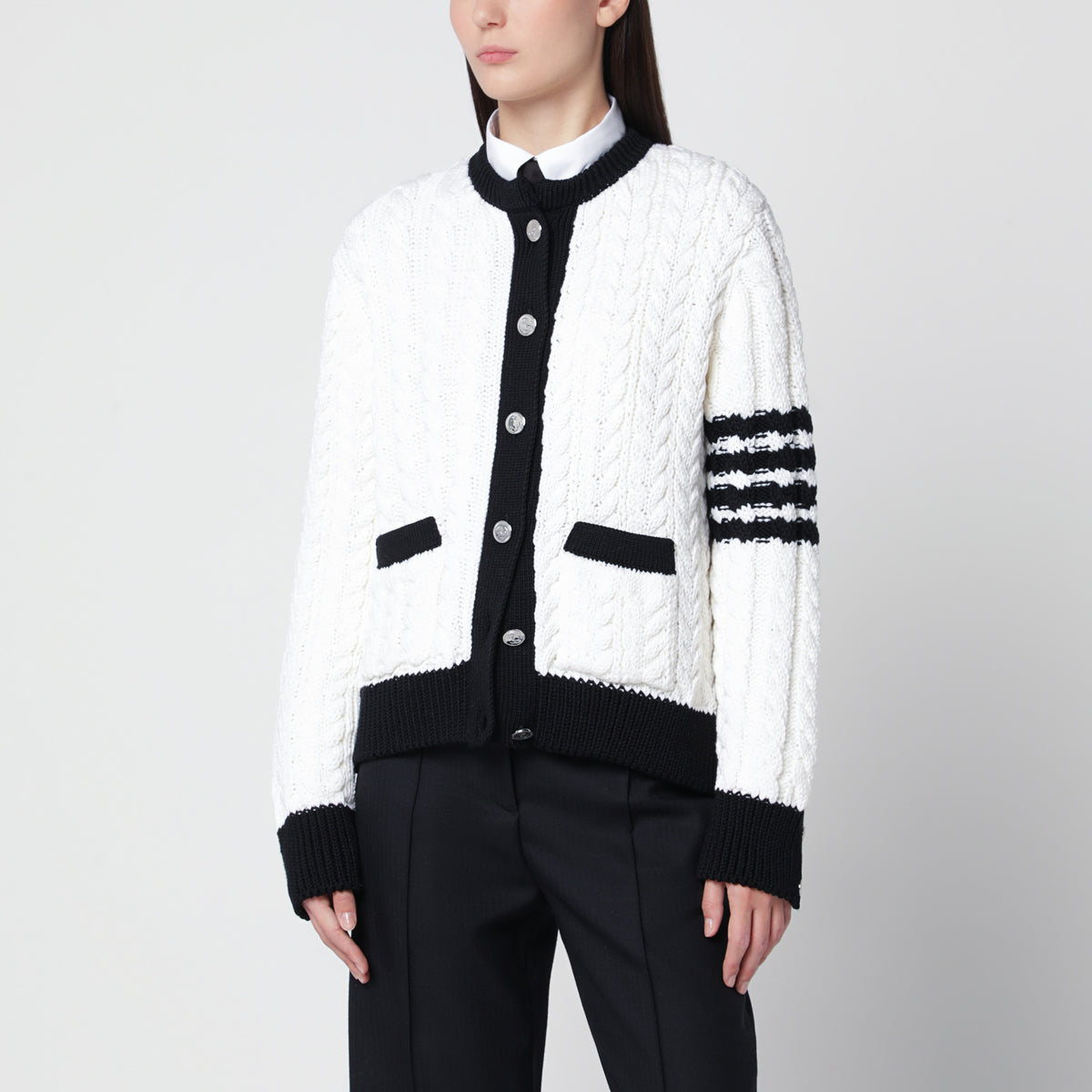 White cable-knit cardigan in wool