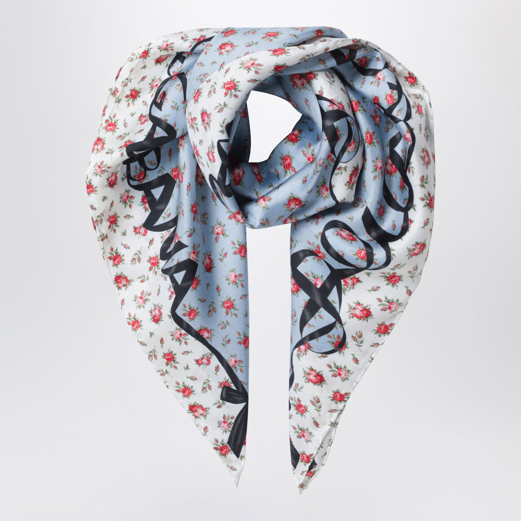 Roselline printed silk twill scarf 90x90 cm, light blue