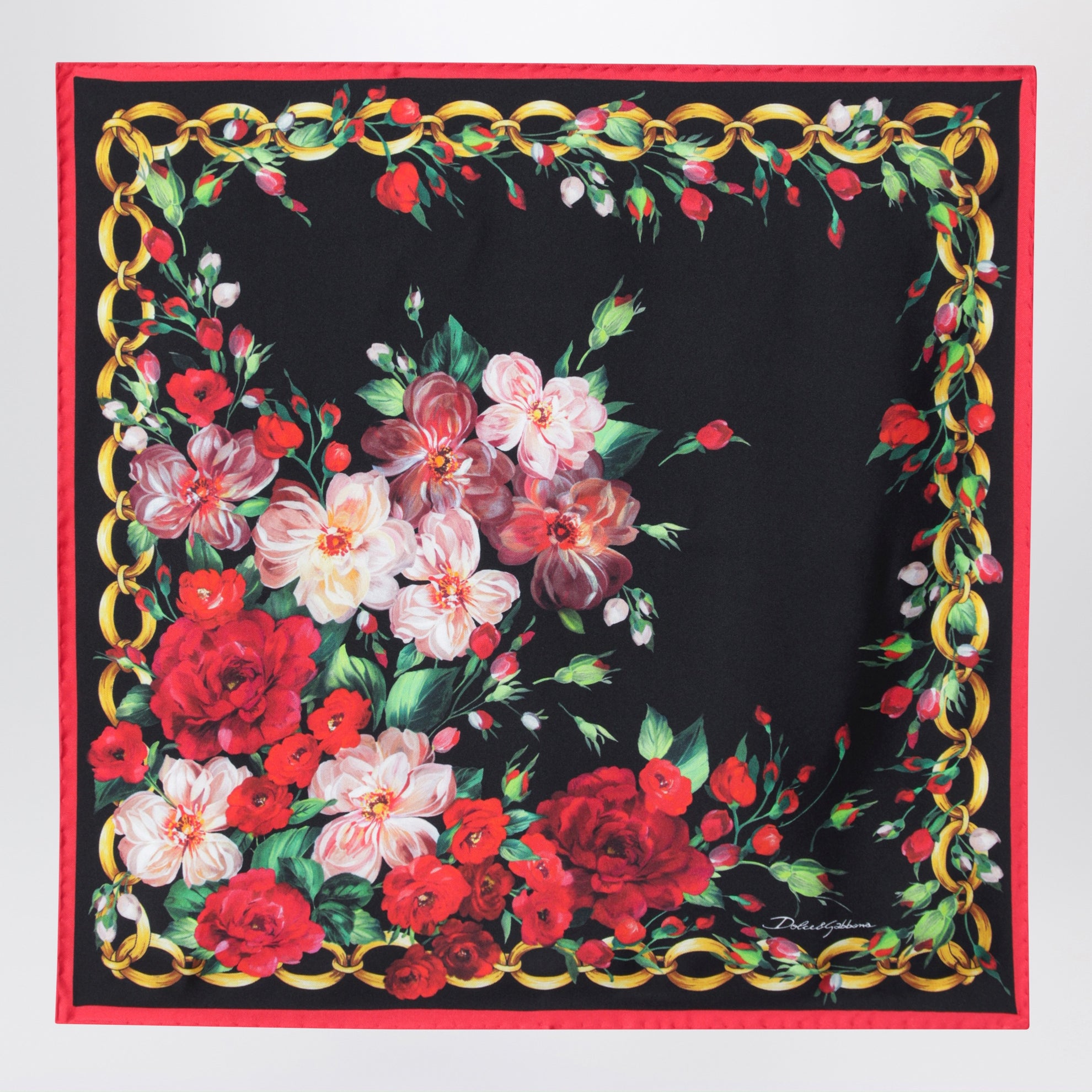 Foulard 50x50 en twill de soie rose bord chaînes