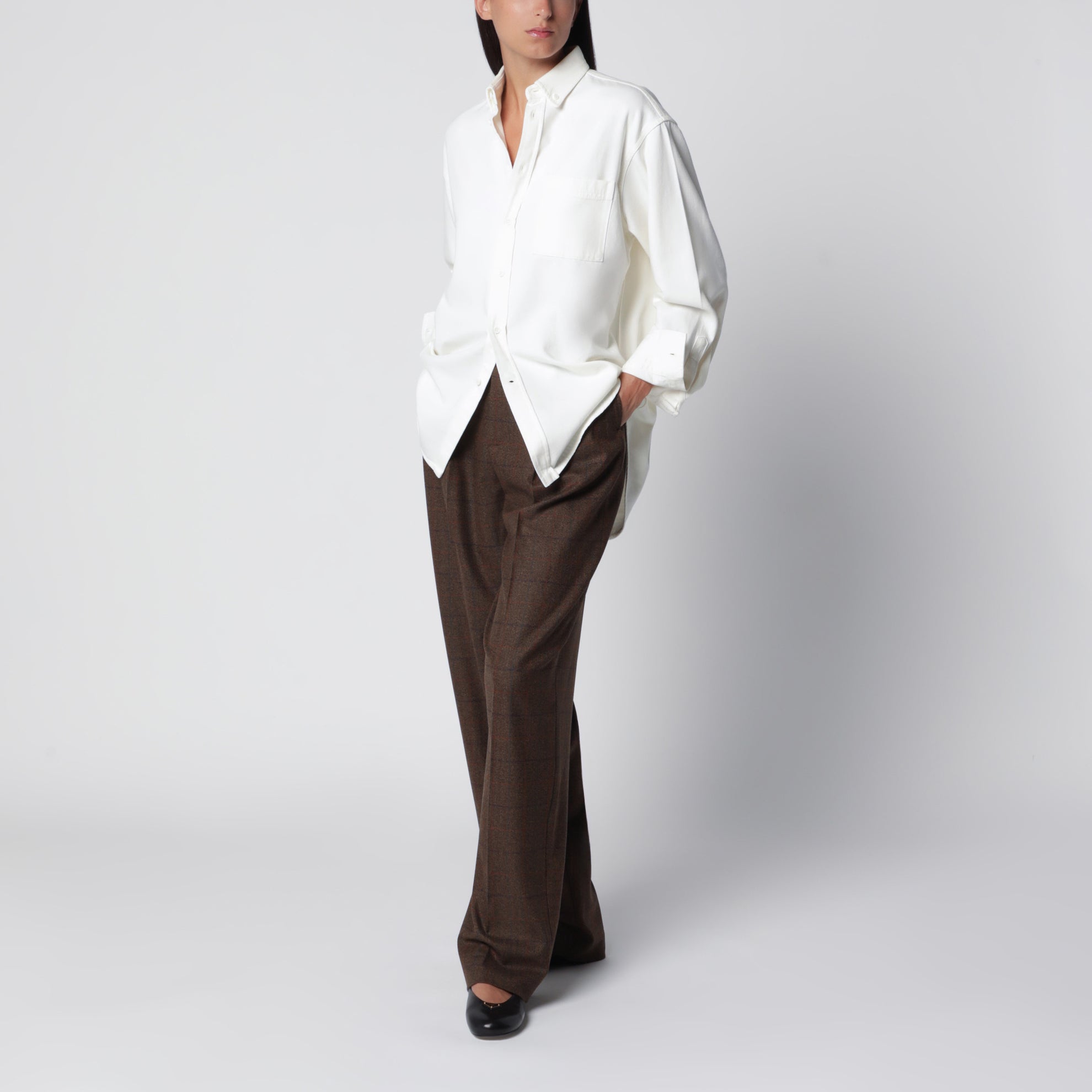 Pantaloni marroni con motivo check in lana e cashmere