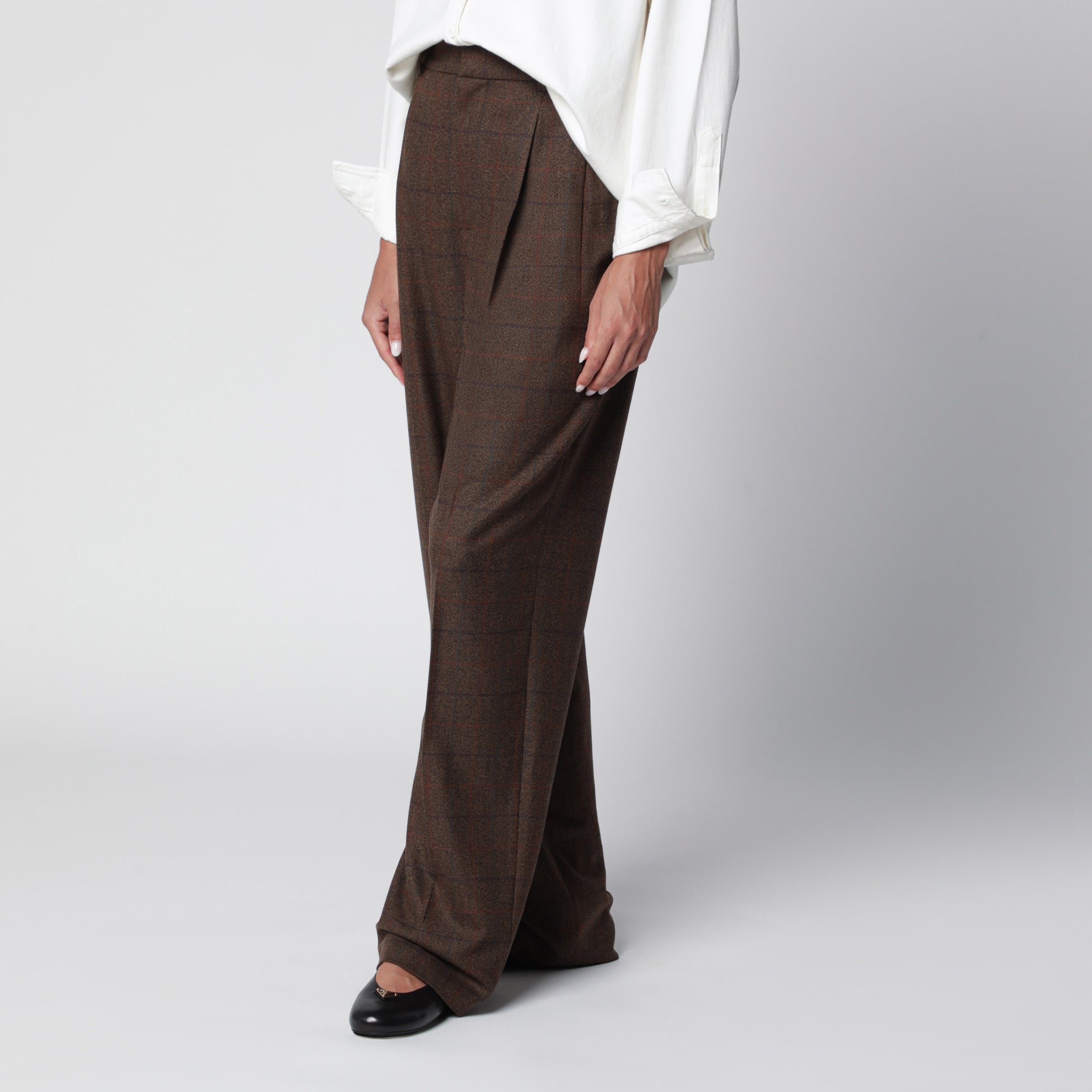 Pantaloni marroni con motivo check in lana e cashmere