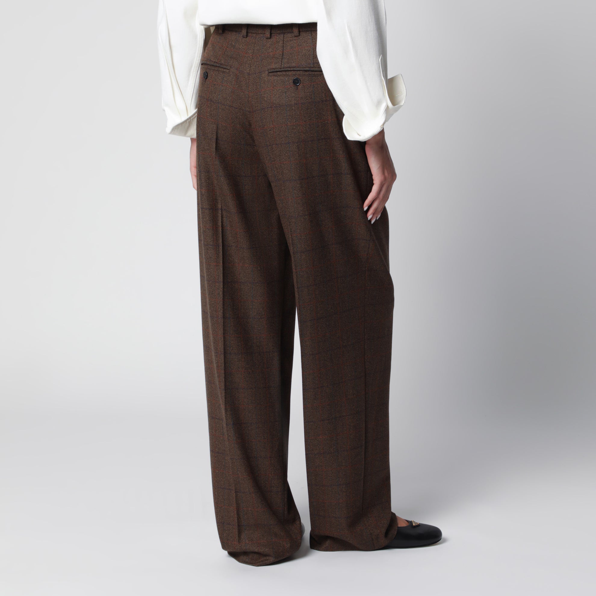 Pantaloni marroni con motivo check in lana e cashmere