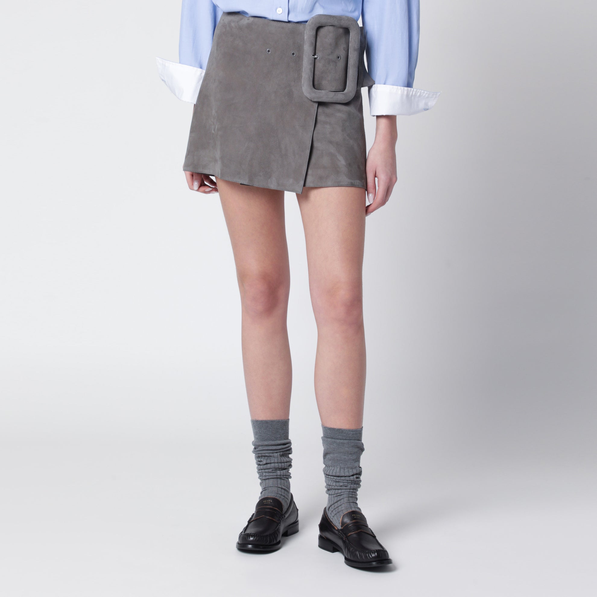Grey suede mini skirt with large buckle belt