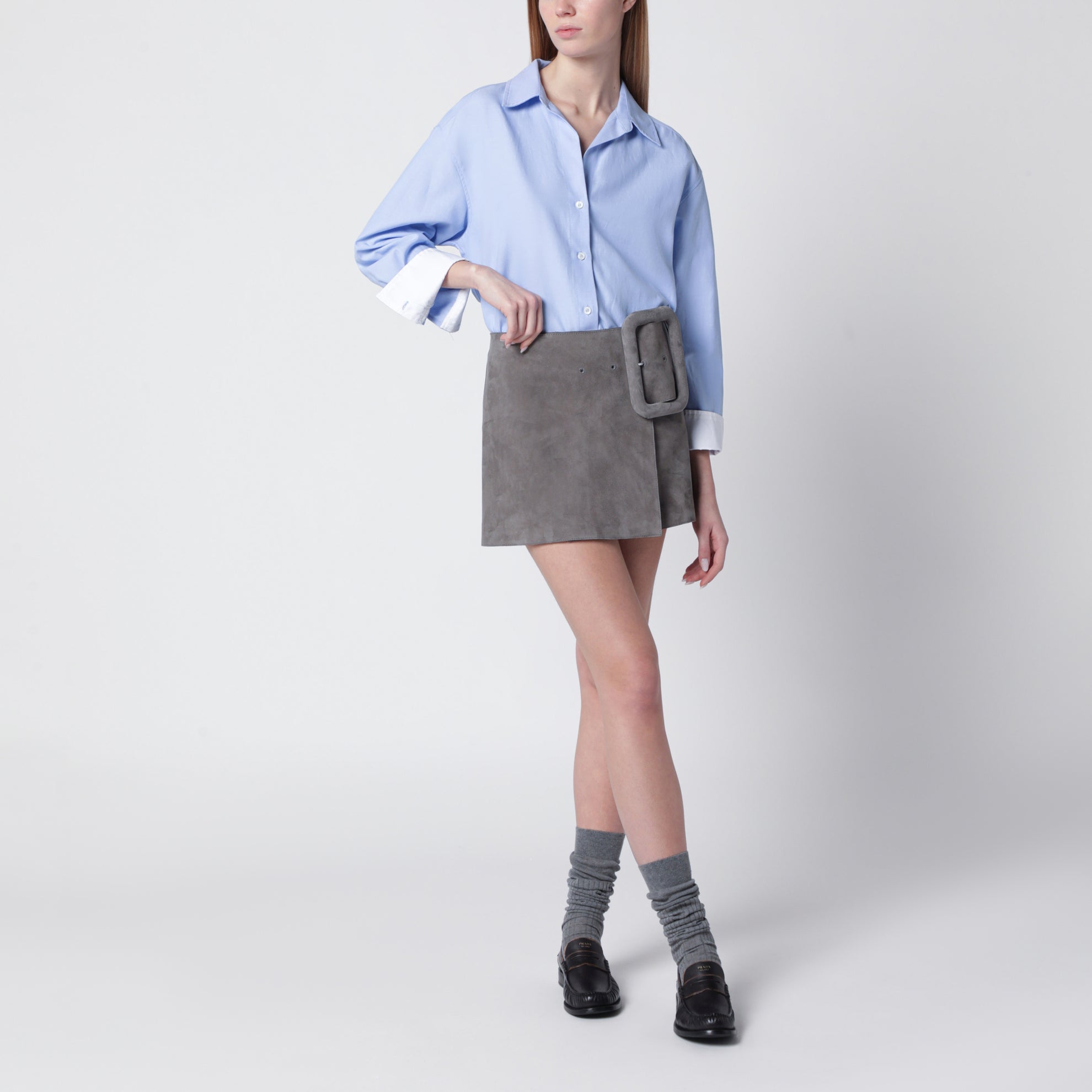 Grey suede mini skirt with large buckle belt