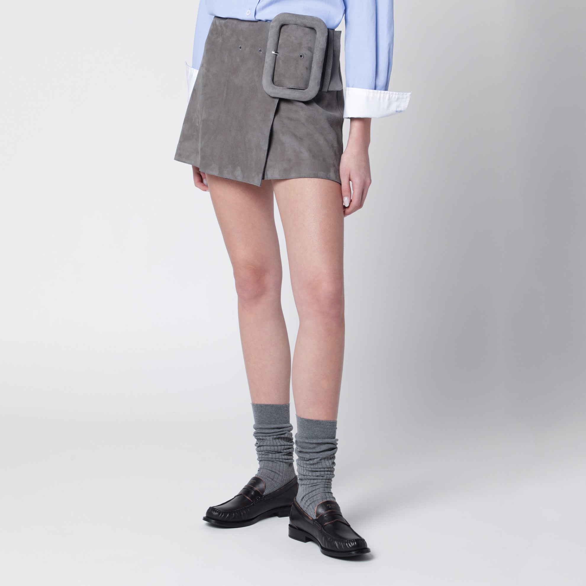 Grey suede mini skirt with large buckle belt