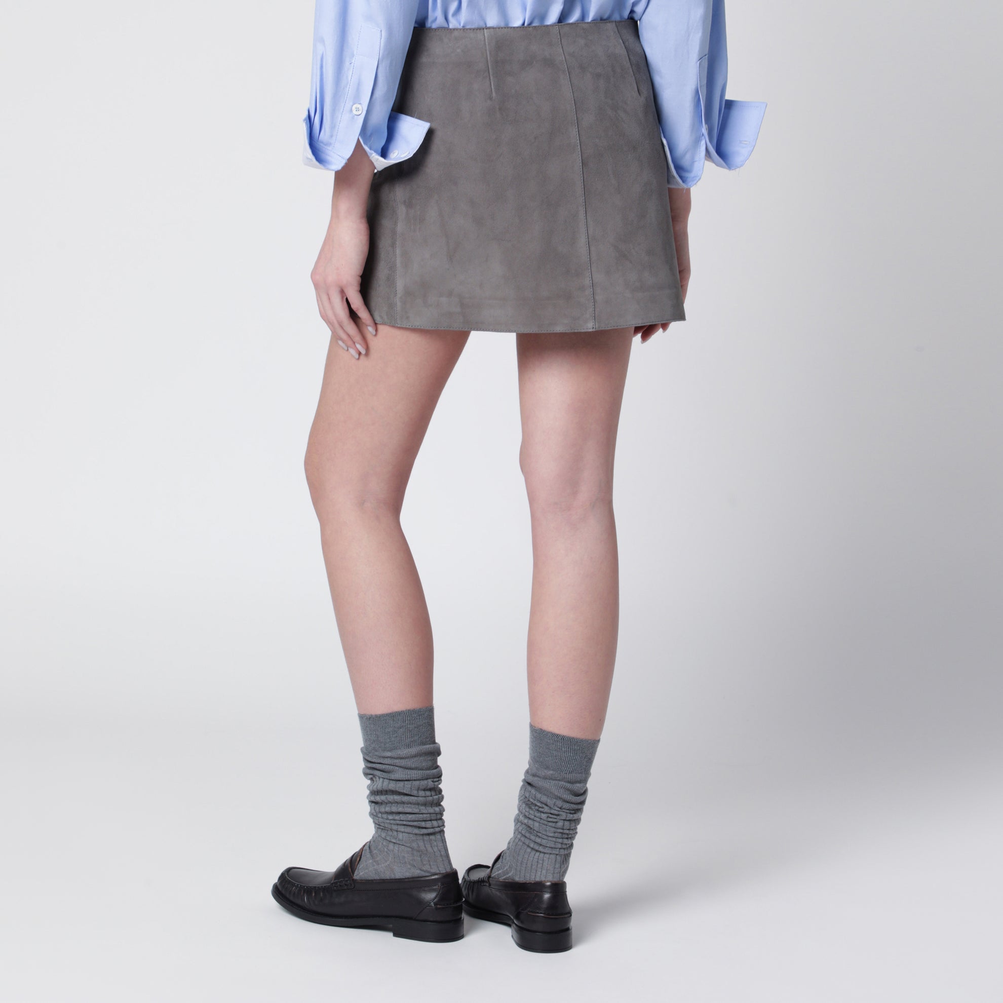 Grey suede mini skirt with large buckle belt