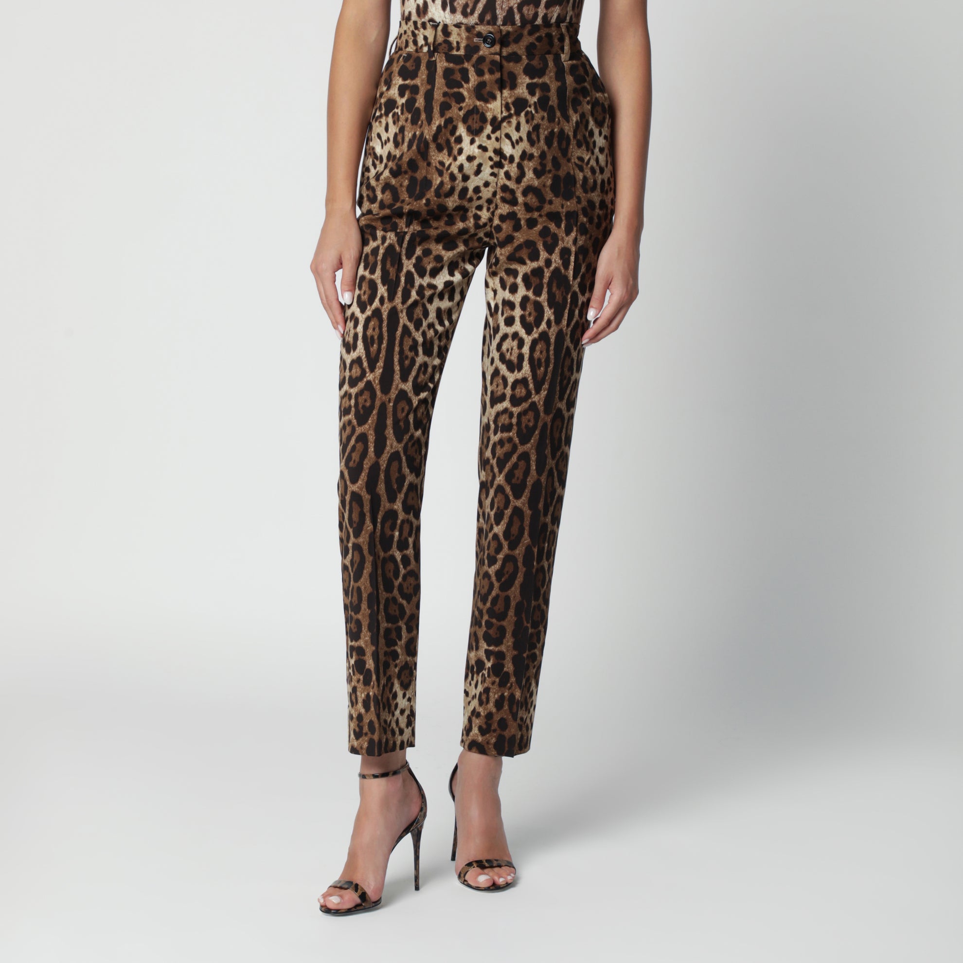 Pantaloni in tela di lana stretch stampa leopardo