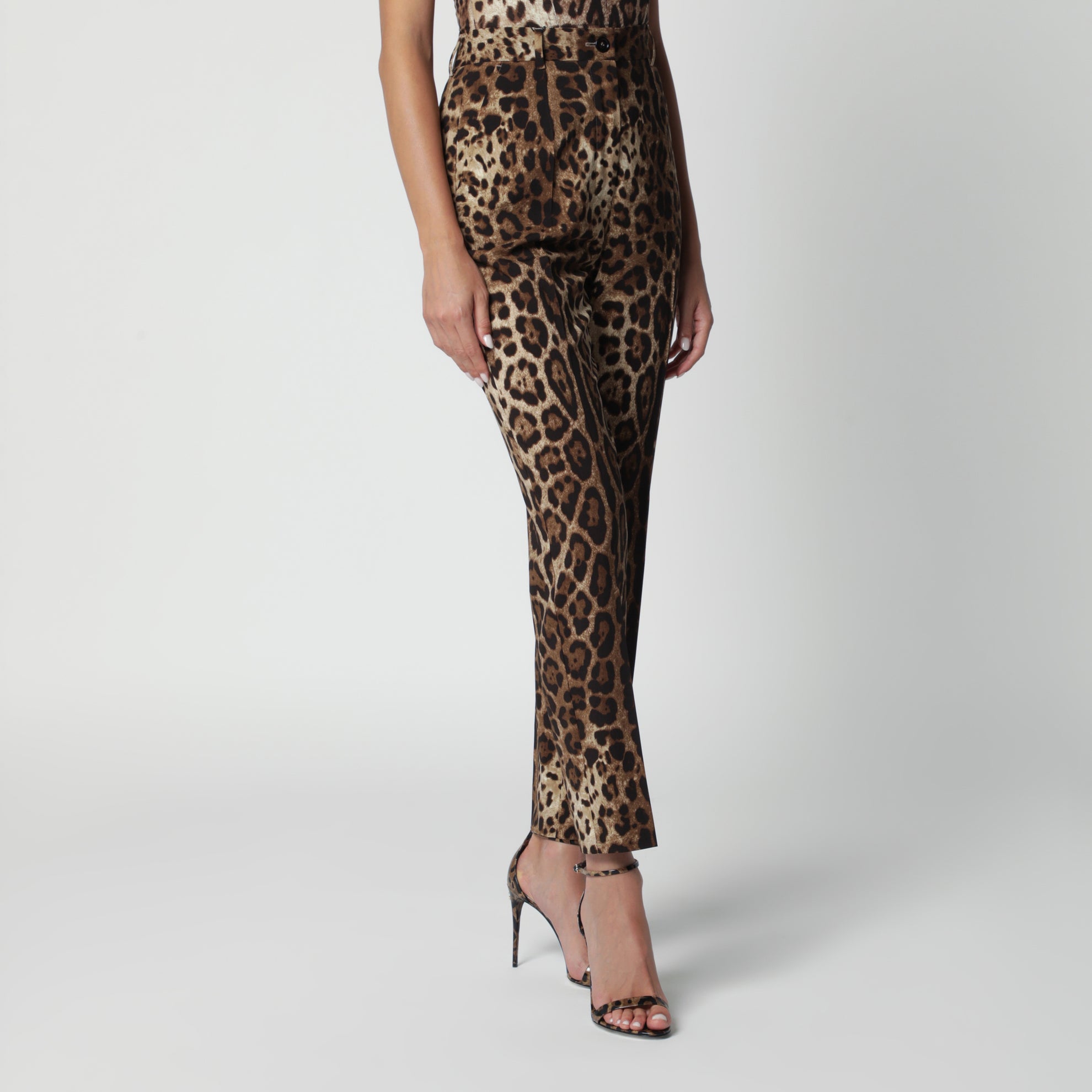 Pantaloni in tela di lana stretch stampa leopardo