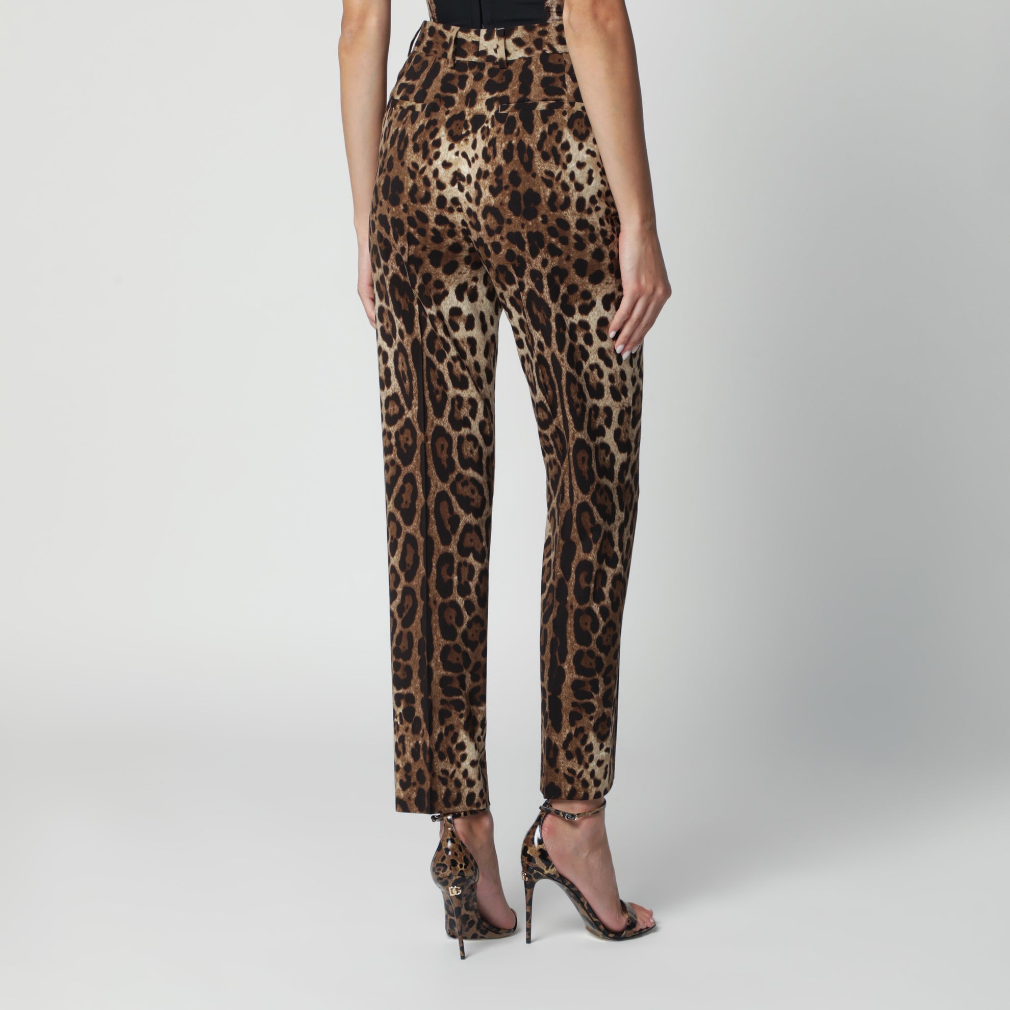 Pantaloni in tela di lana stretch stampa leopardo