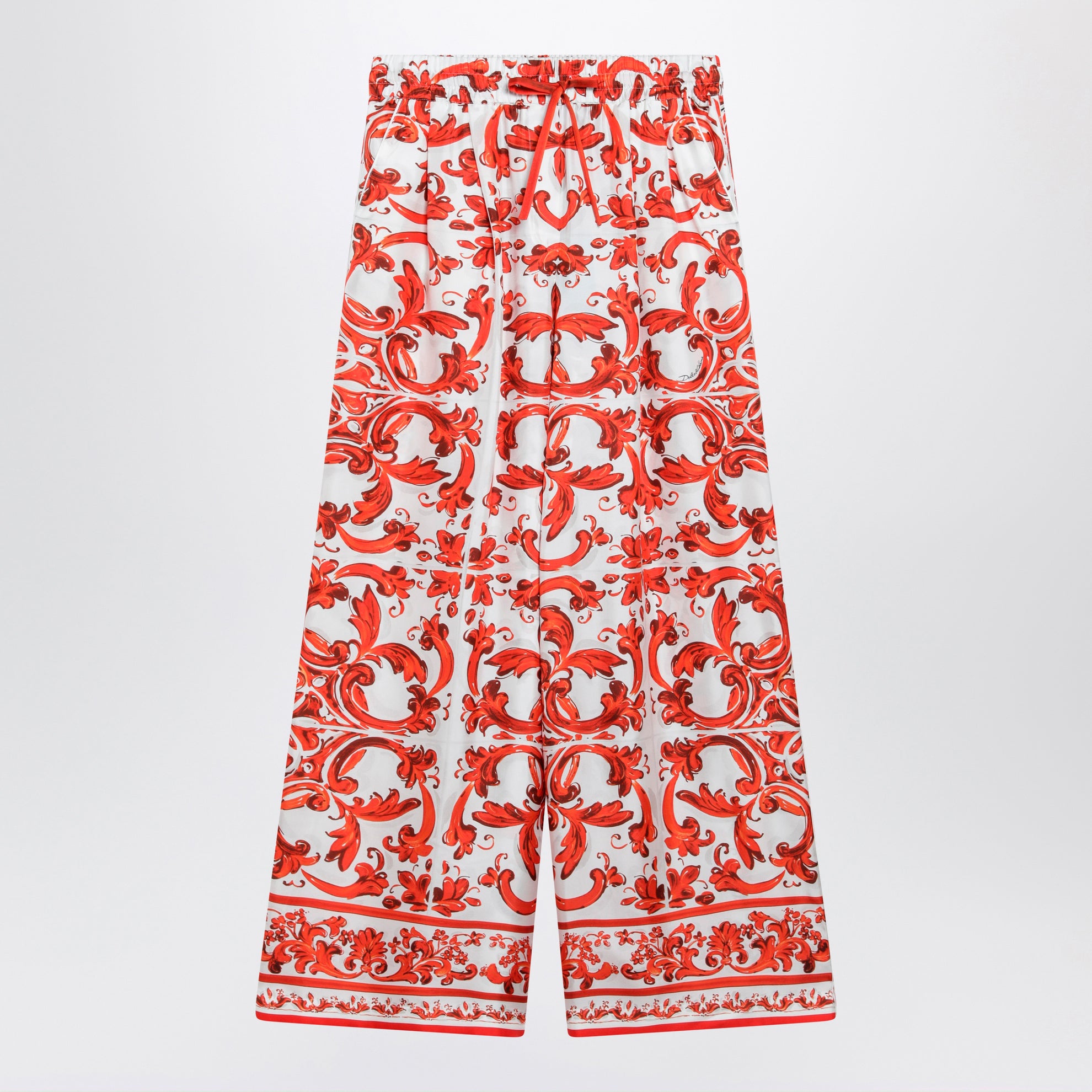 Wide-leg Majolica-print silk twill pants in orange