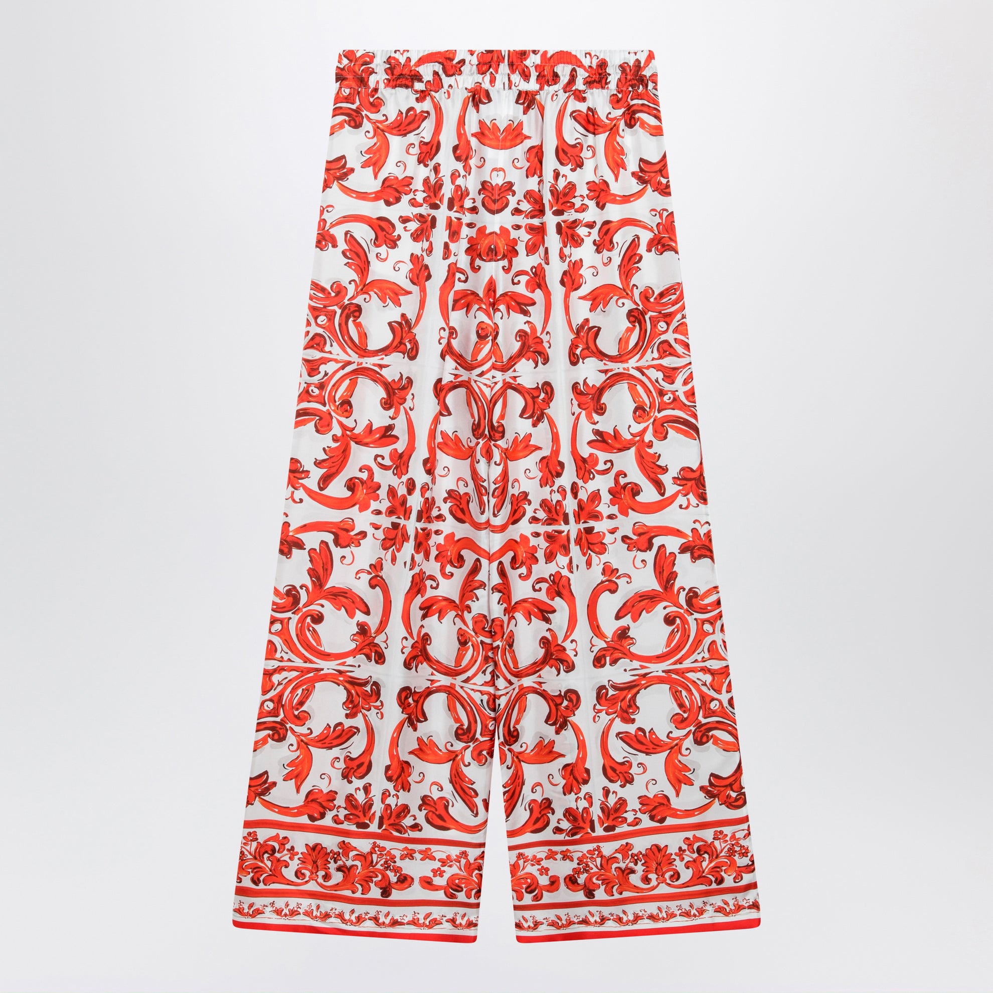 Wide-leg Majolica-print silk twill pants in orange