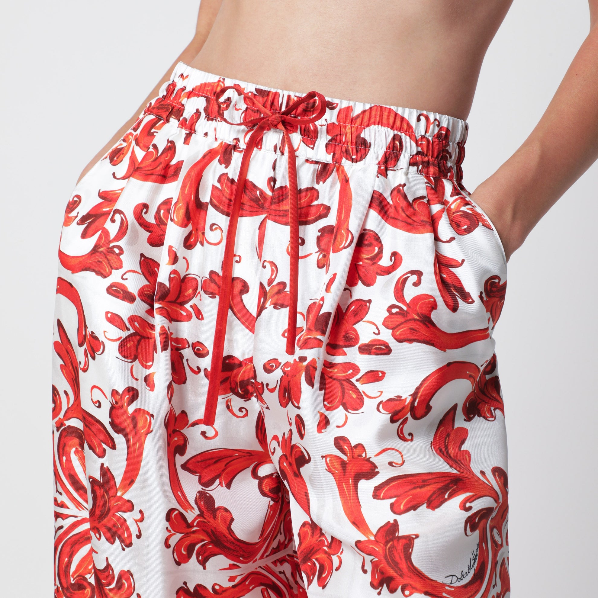 Pantaloni ampi in seta stampa Maiolica arancioni