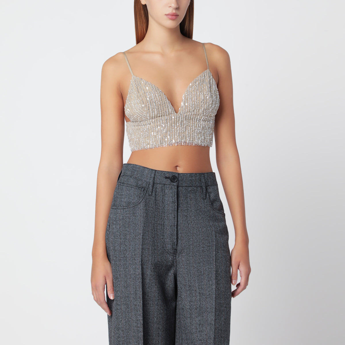Beige cropped top with sequins