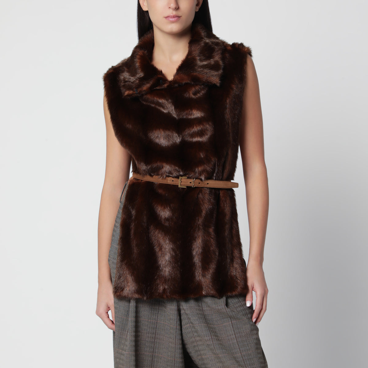 Brown faux mink-effect fur vest