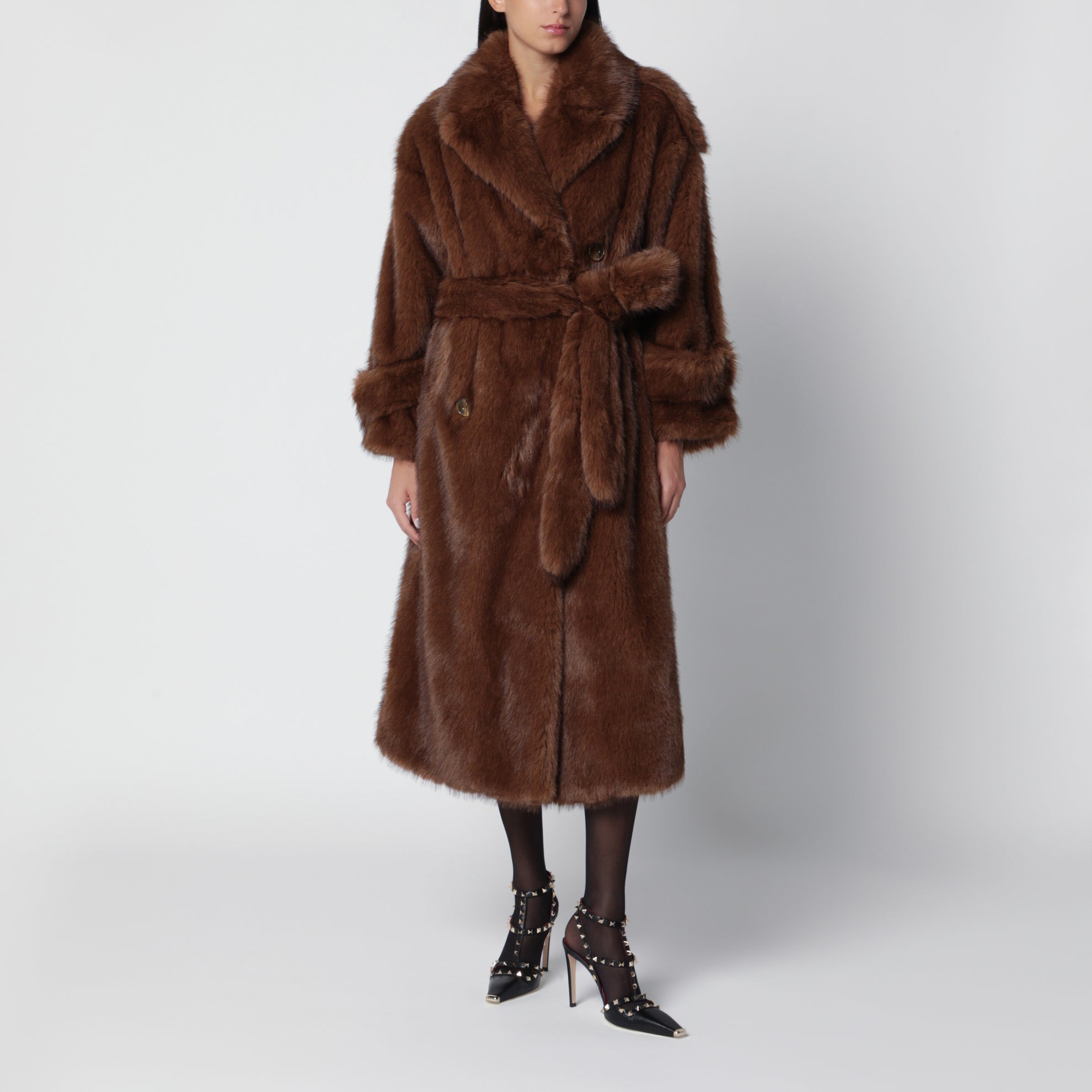 Manteau croisé Farrah marron avec ceinture