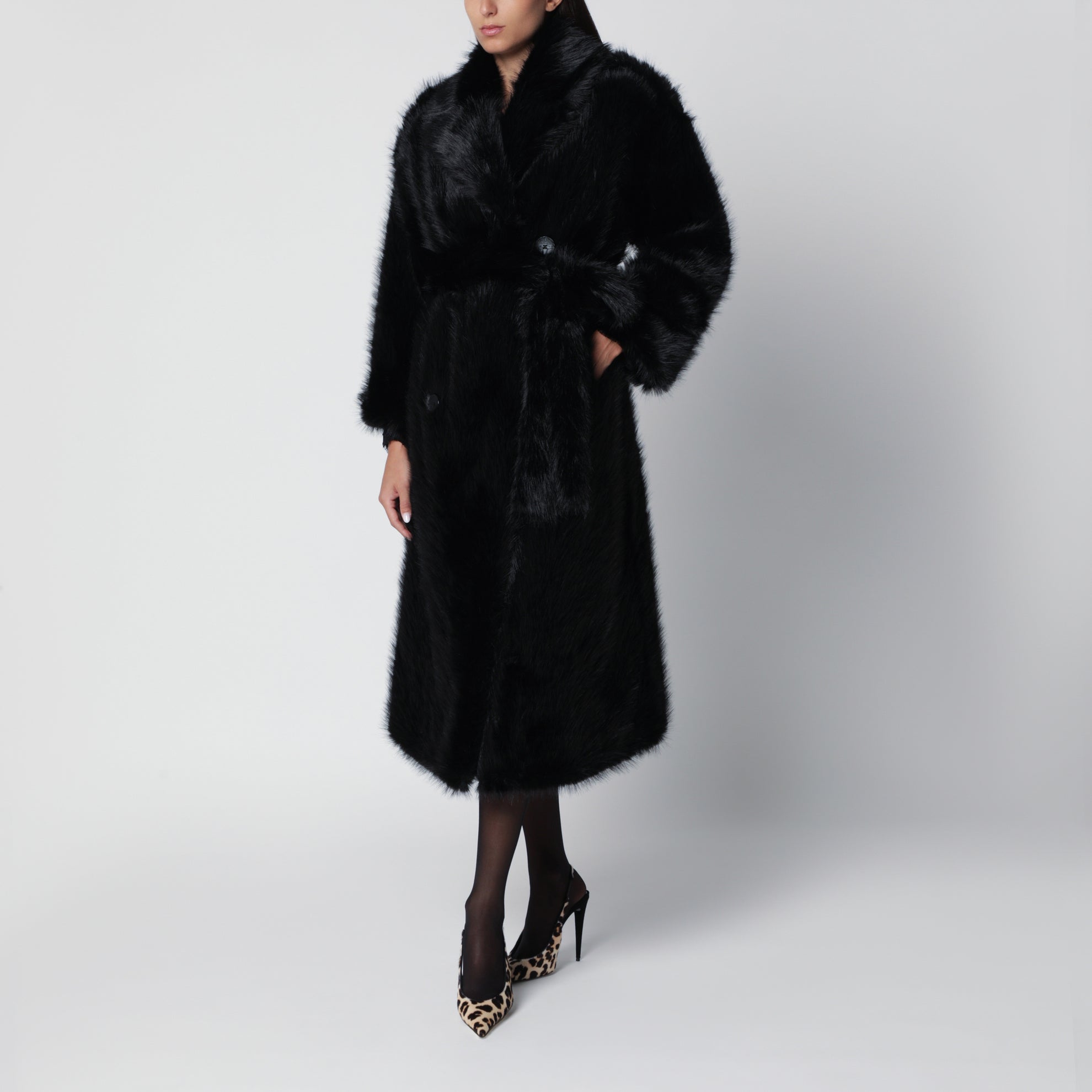 Manteau croisé Jackie noir avec ceinture