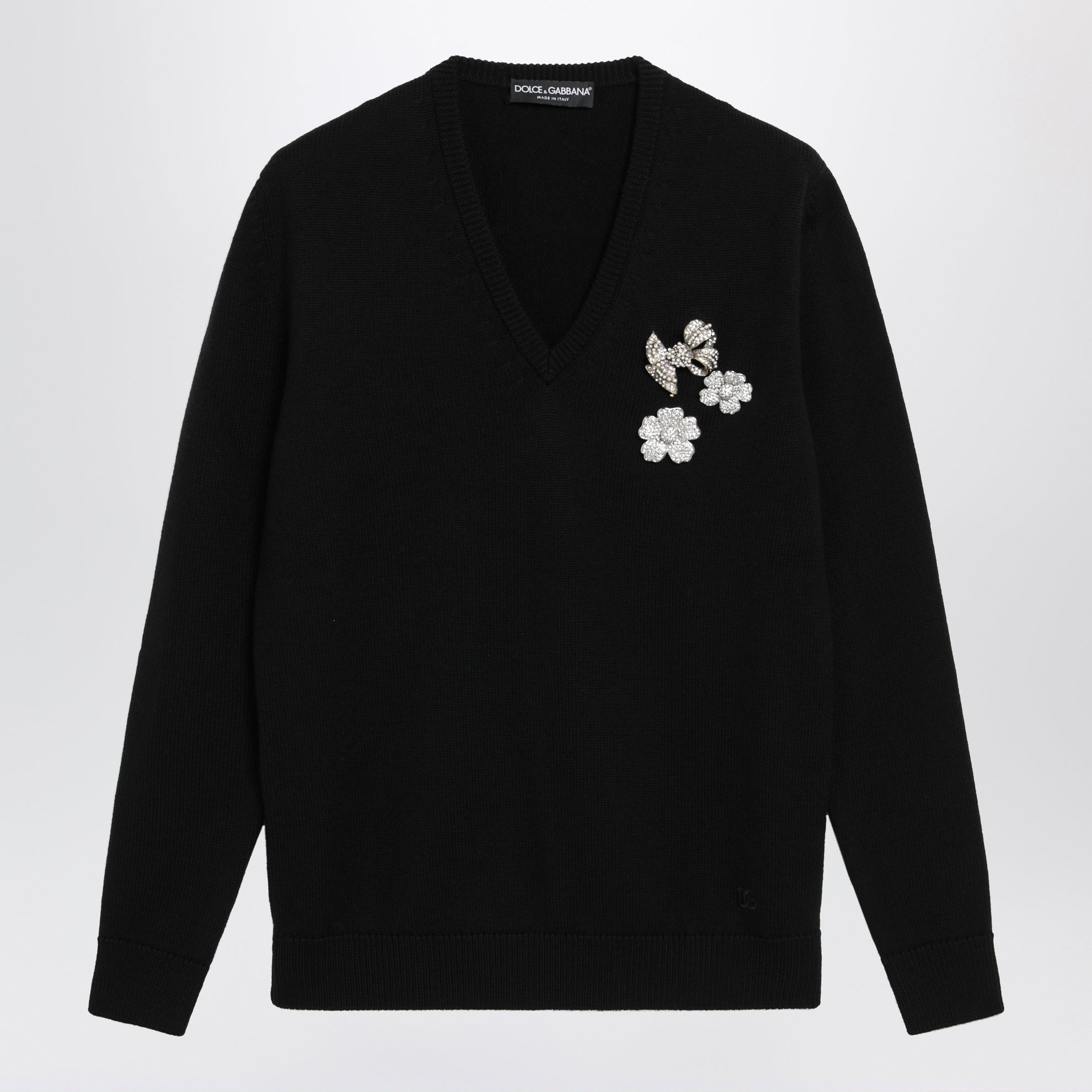 V-neck sweater with embroidered floral details in wool, black