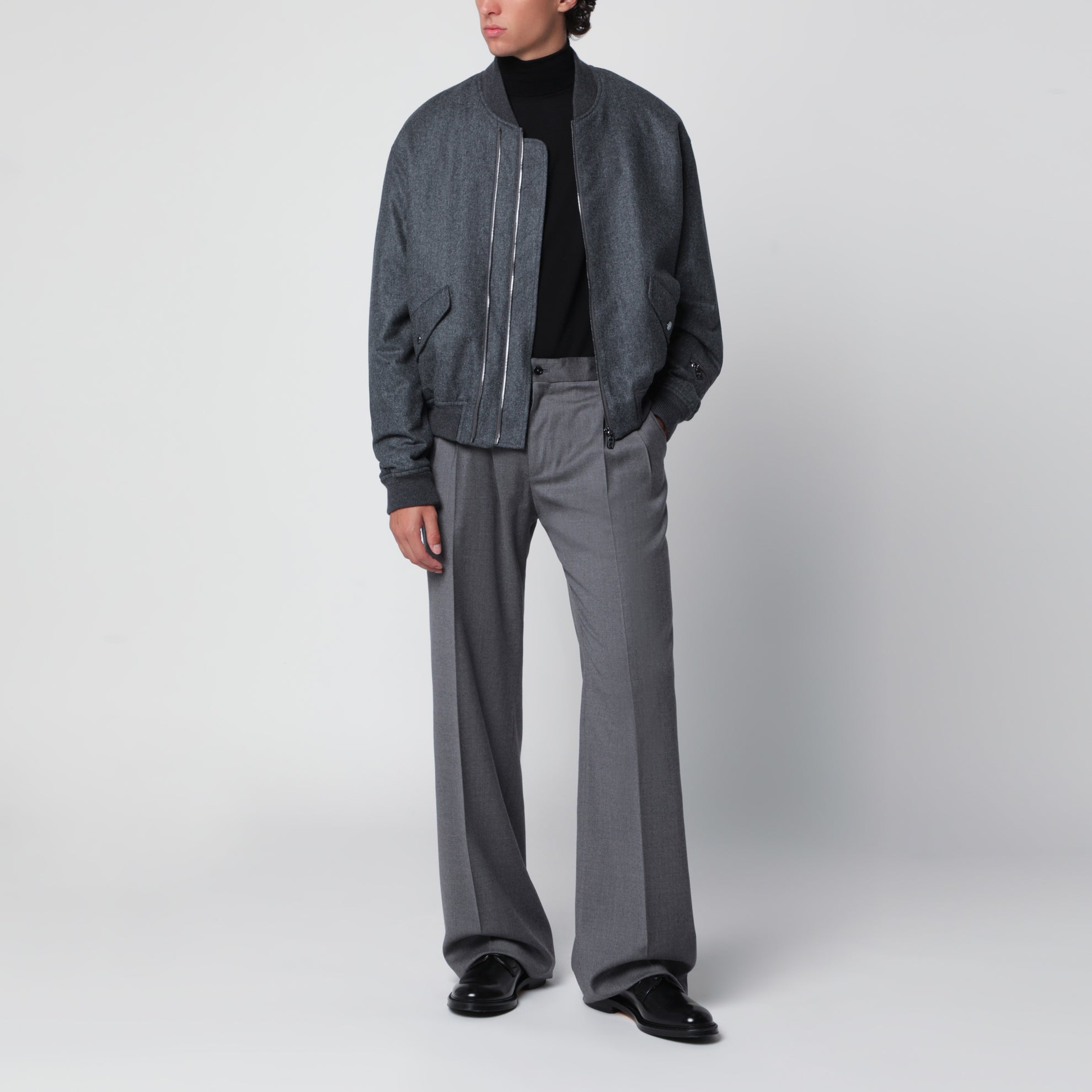 Bomber zippé gris chiné en laine