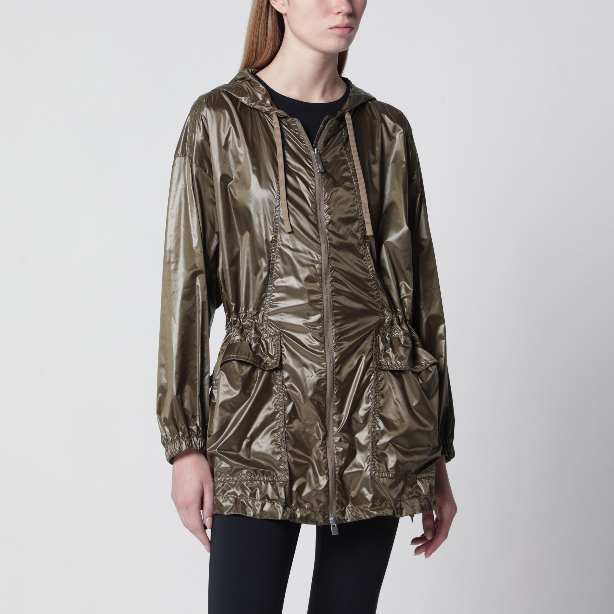 Olive green shiny nylon parka