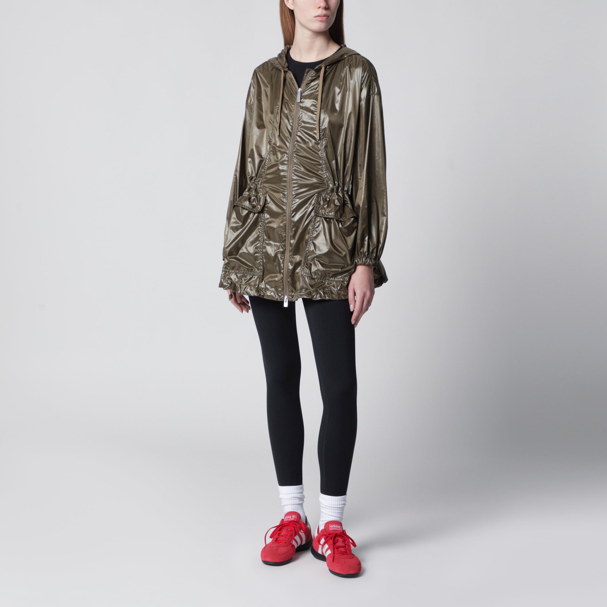 Olive green shiny nylon parka