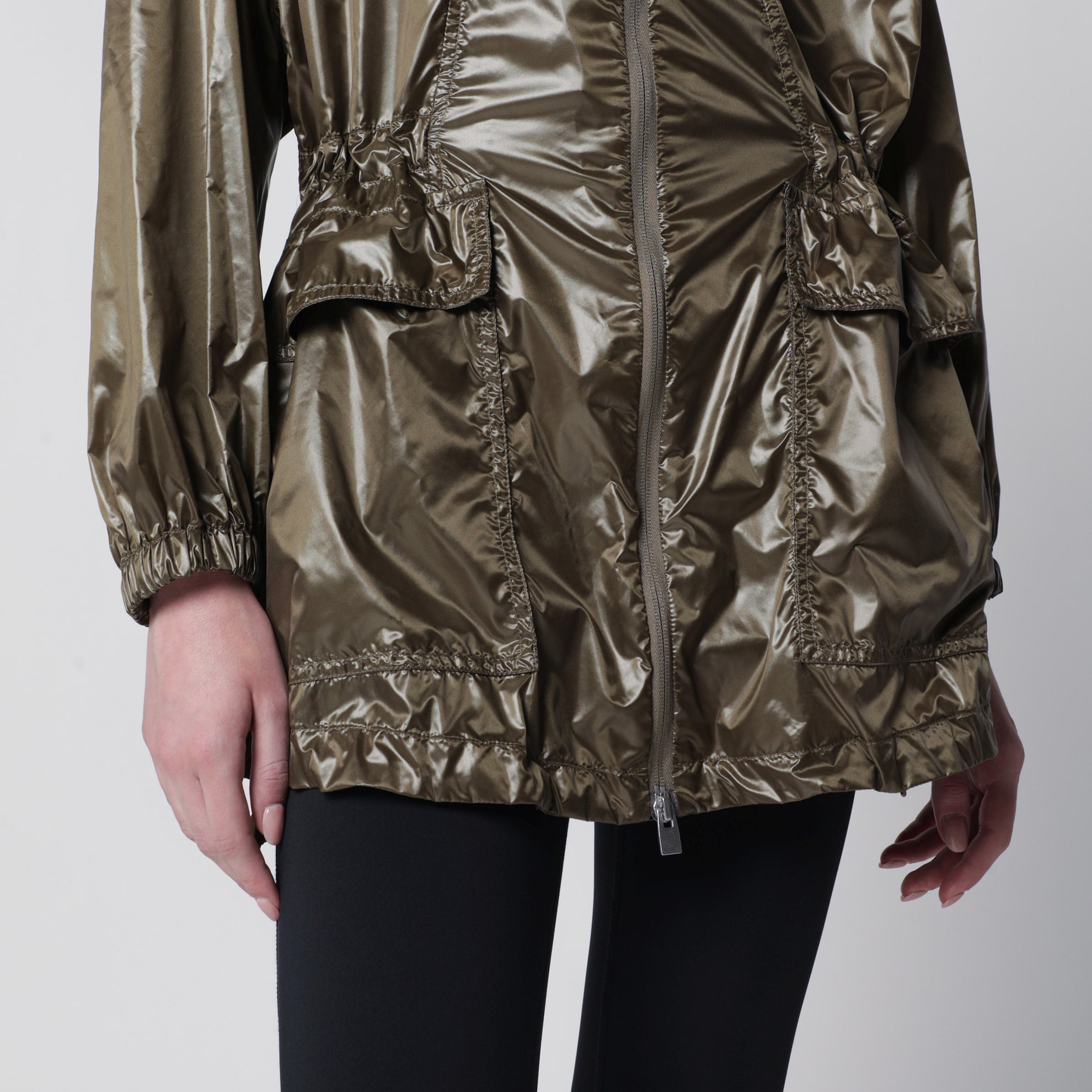 Olive green shiny nylon parka