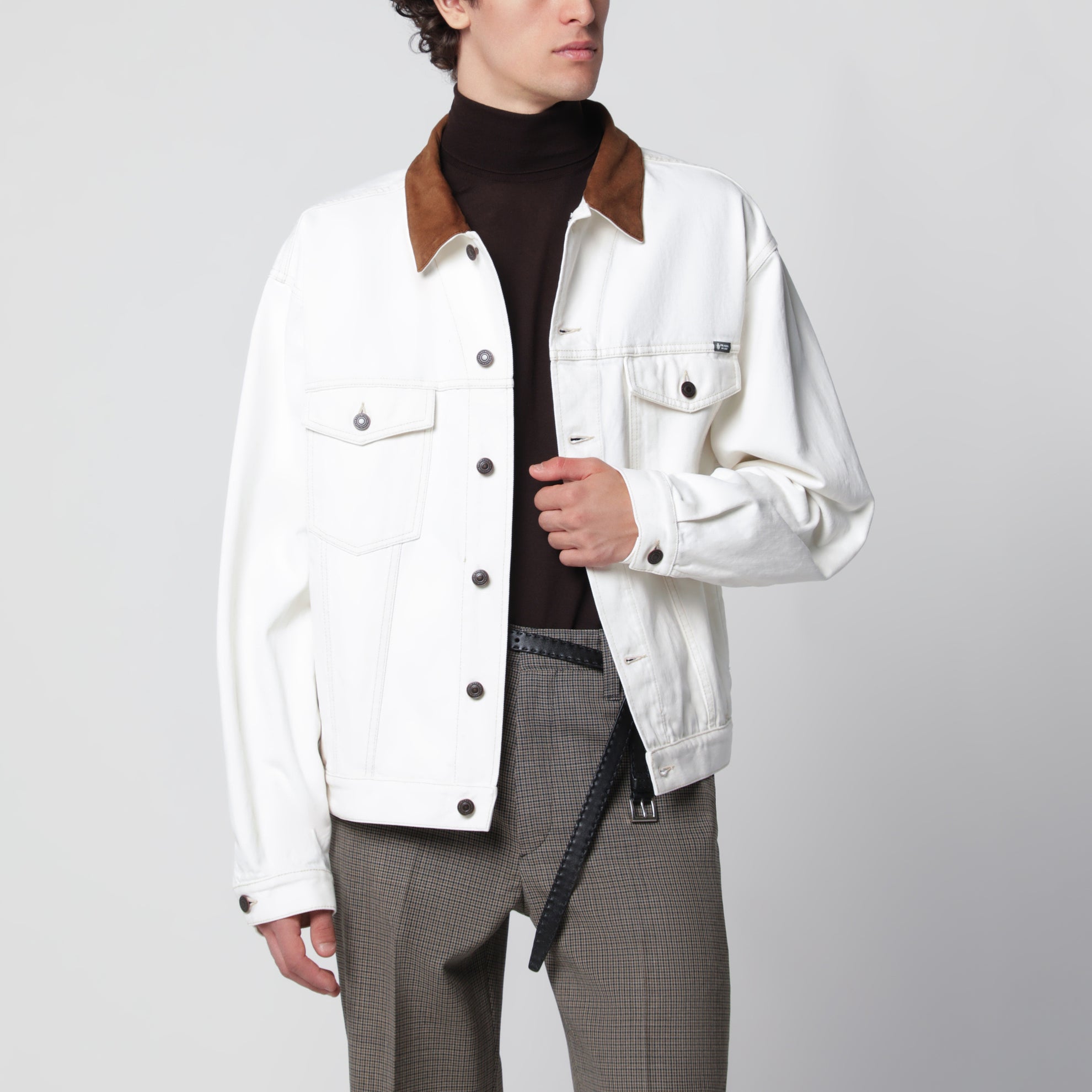 White old denim jacket with leather details