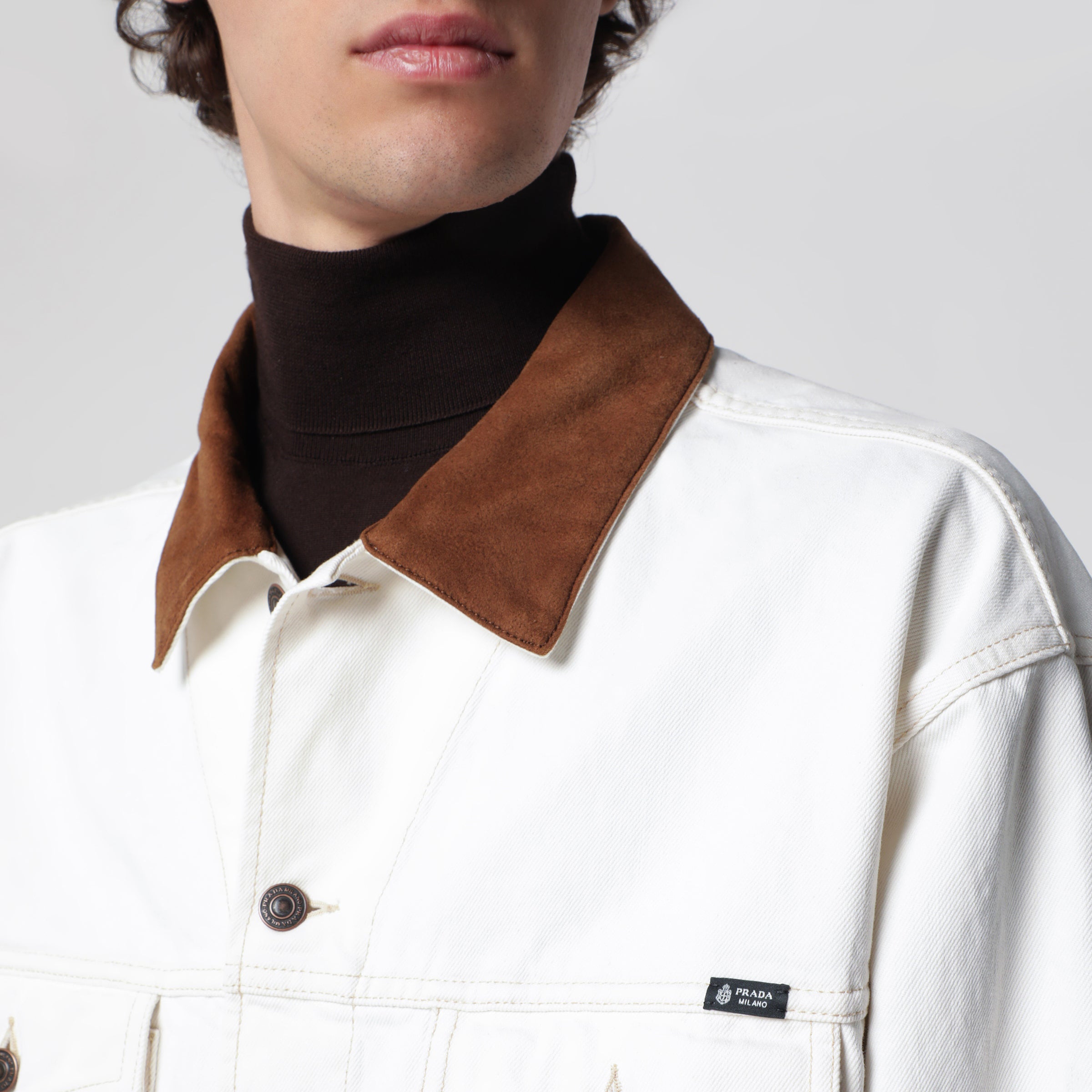 Prada White old denim jacket with leather details | TheDoubleF