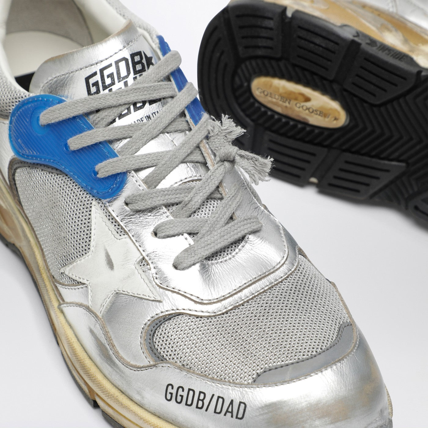 Sneakers Dad-Star en cuir laminé argenté et mesh