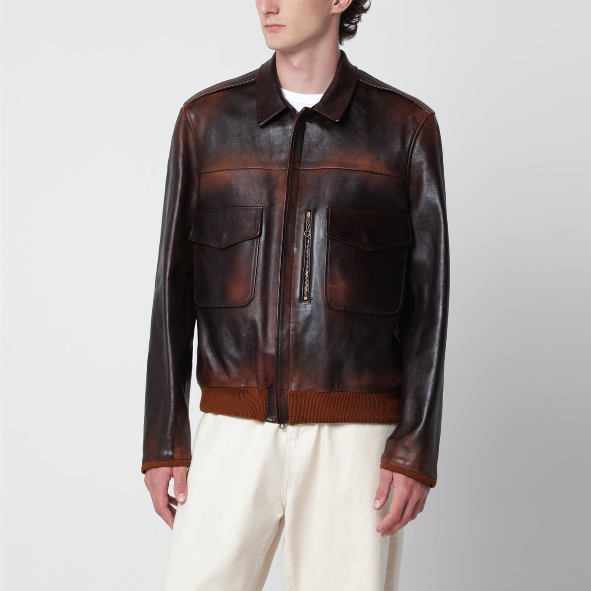 blouson aviateur en cuir marron effet vintage