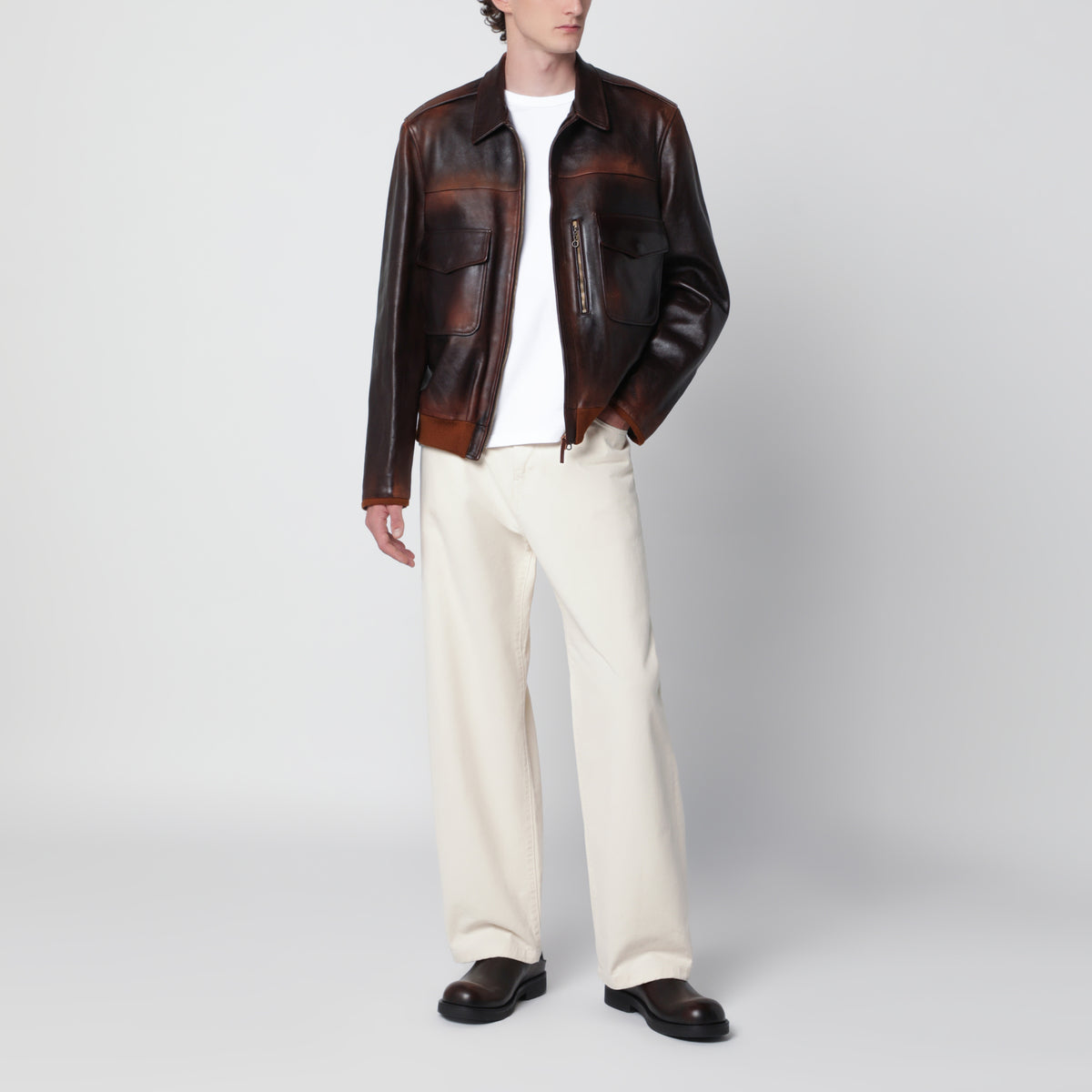 blouson aviateur en cuir marron effet vintage