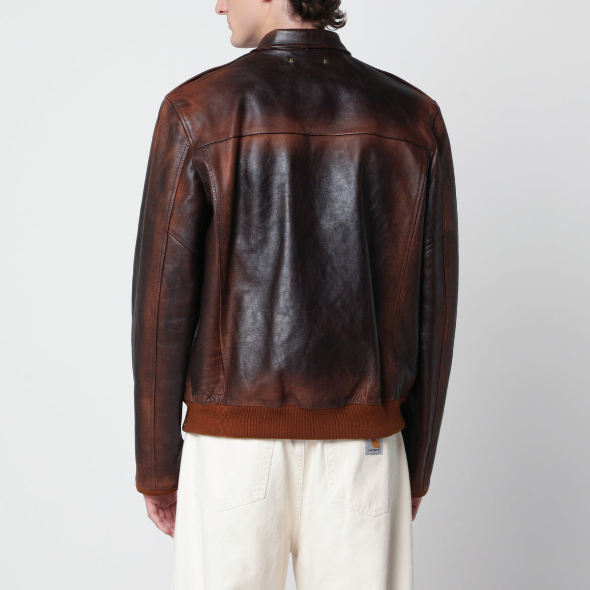 blouson aviateur en cuir marron effet vintage