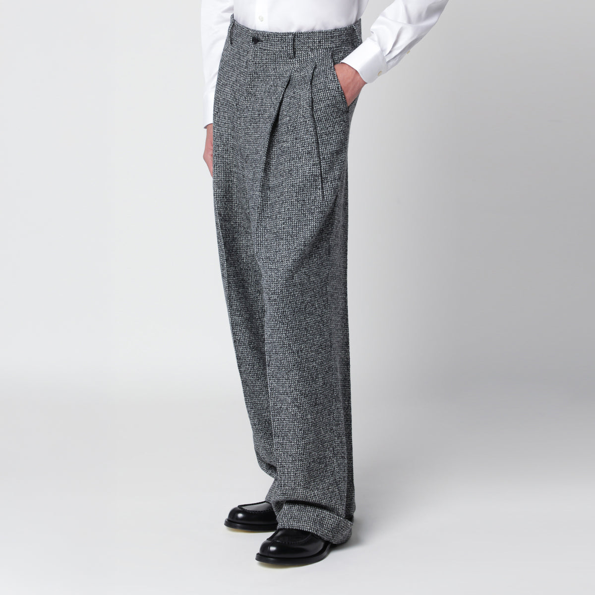 Pantaloni grigi in misto lana puntinata