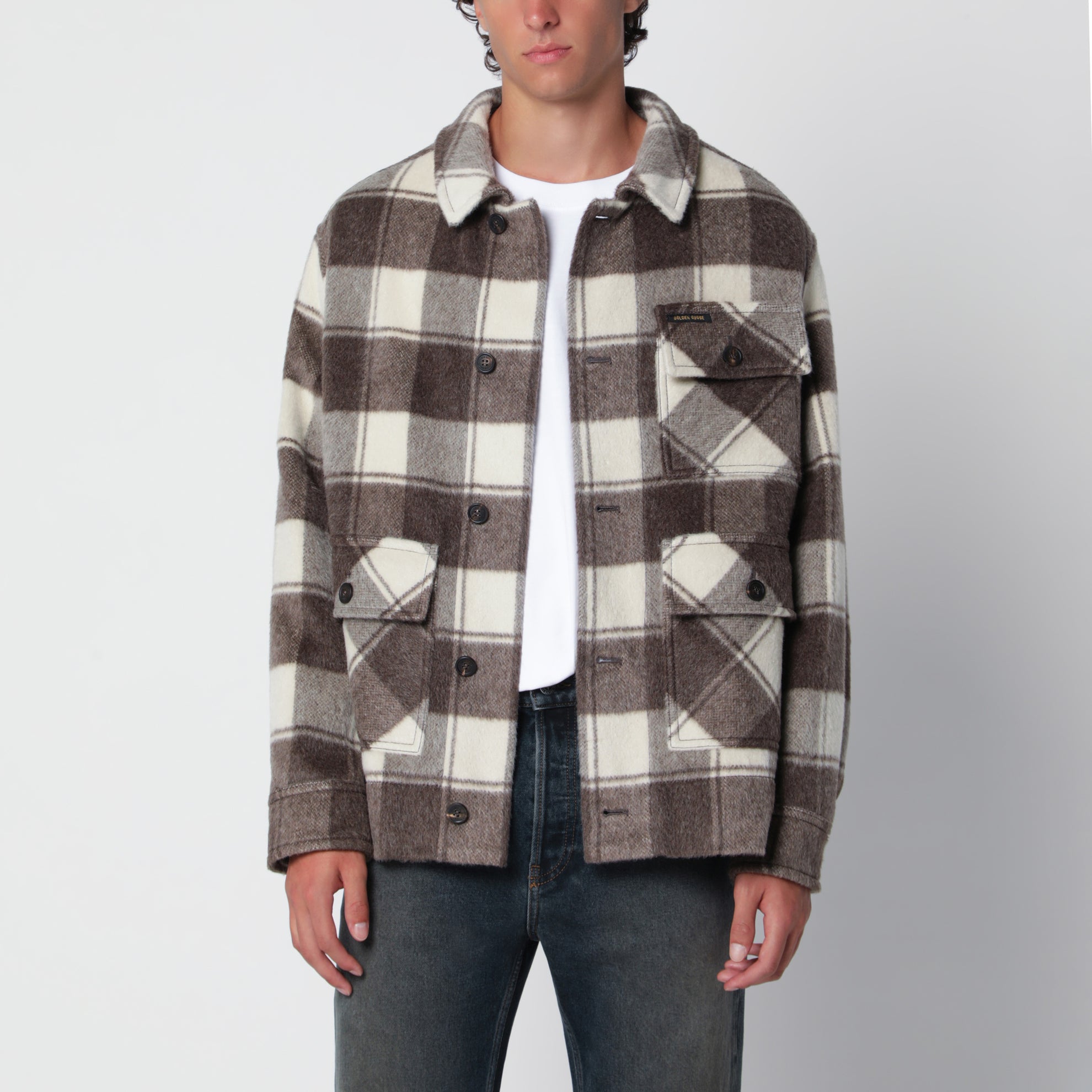Hemdjacke mit taupefarbenem/cremefarbenem Karomuster aus Mohairmischung
