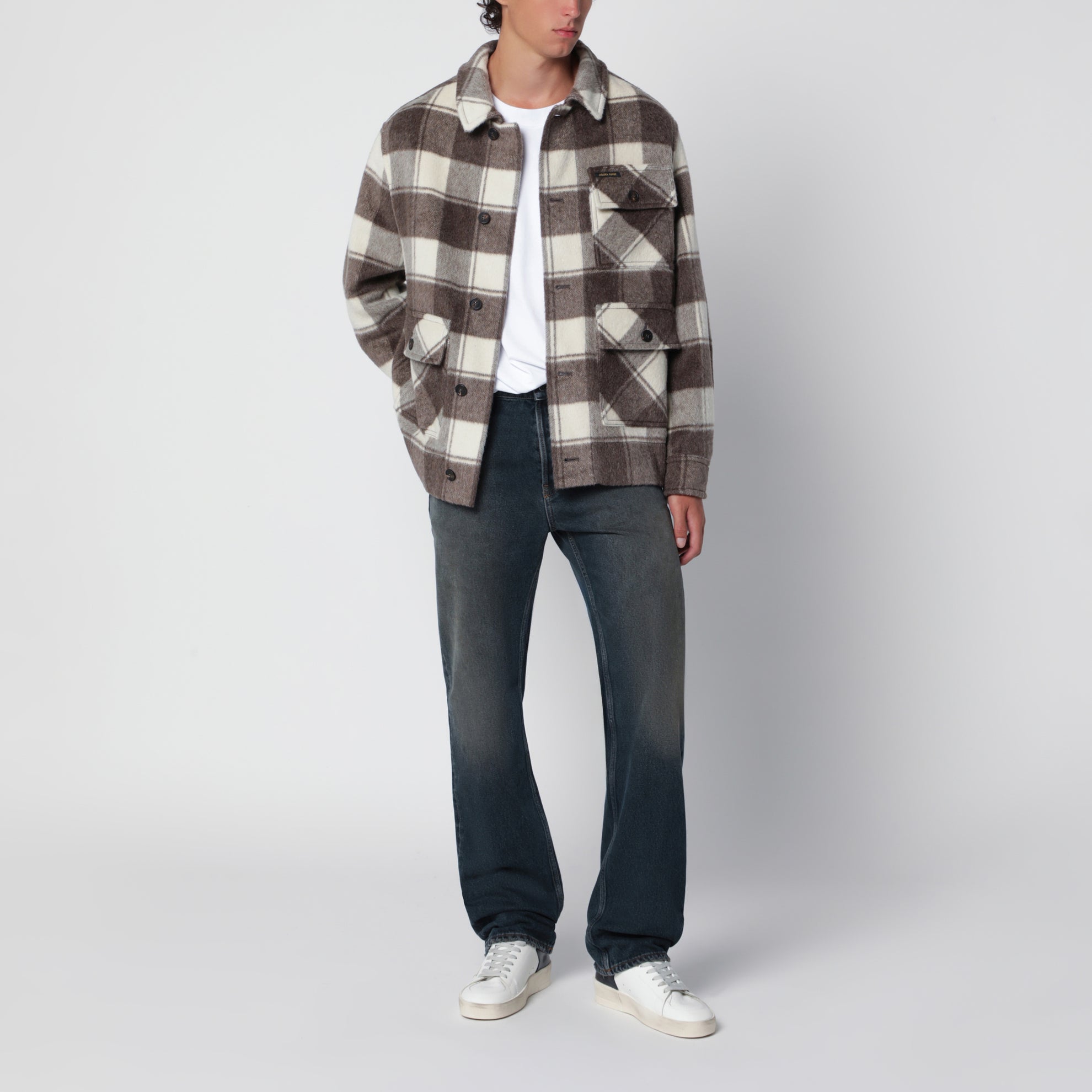 Hemdjacke mit taupefarbenem/cremefarbenem Karomuster aus Mohairmischung